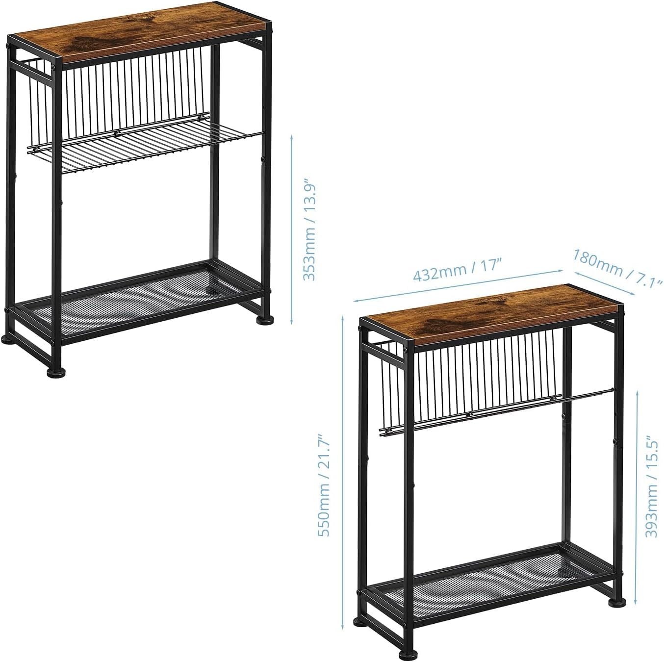 Small Side Table for Small Spaces - Slim End Table with Magazine Holder - 2 in 1 Design Narrow End Table Living Room - Skinny Bedside Table Nightstand Bedroom Thin Side Table, Rustic Brown