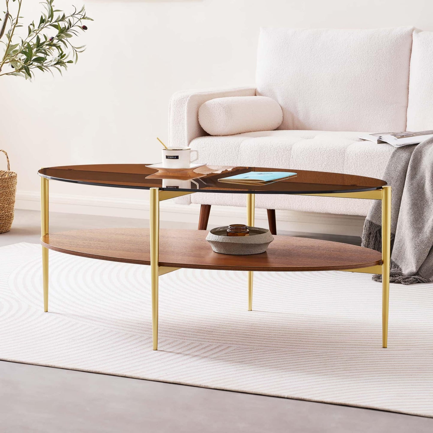 LumFurn Oval Glass Coffee Table, Mid-Century Modern Design, L43 x W22 x H17 inch, 2-Tier Structure, Olive Shaped Amber Glass Top and Walnut Finish Wood Shelf, Tapered Legs with Gold Finish Frame