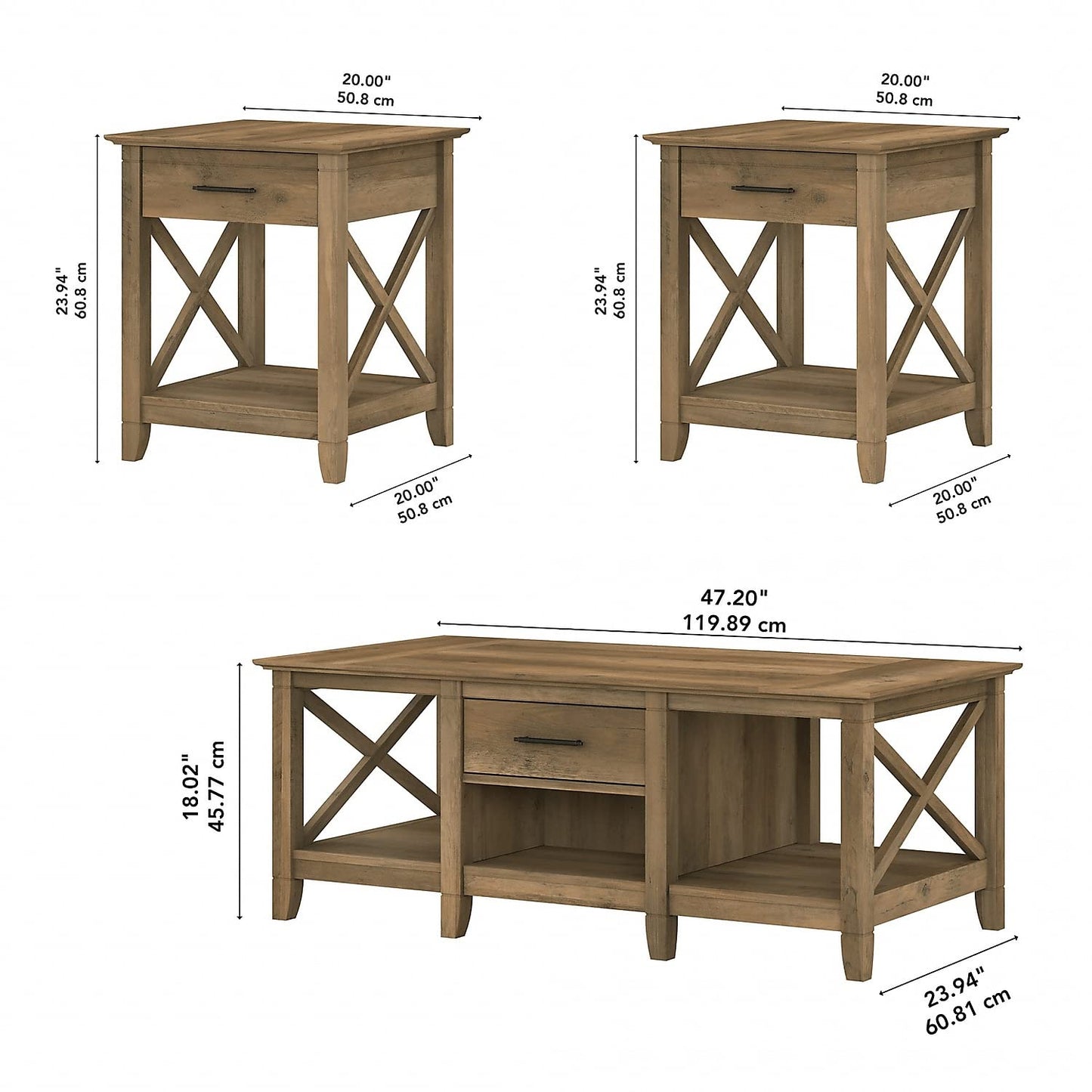 Bush Furniture Key West Coffee Table with Set of 2 End Tables in Reclaimed Pine