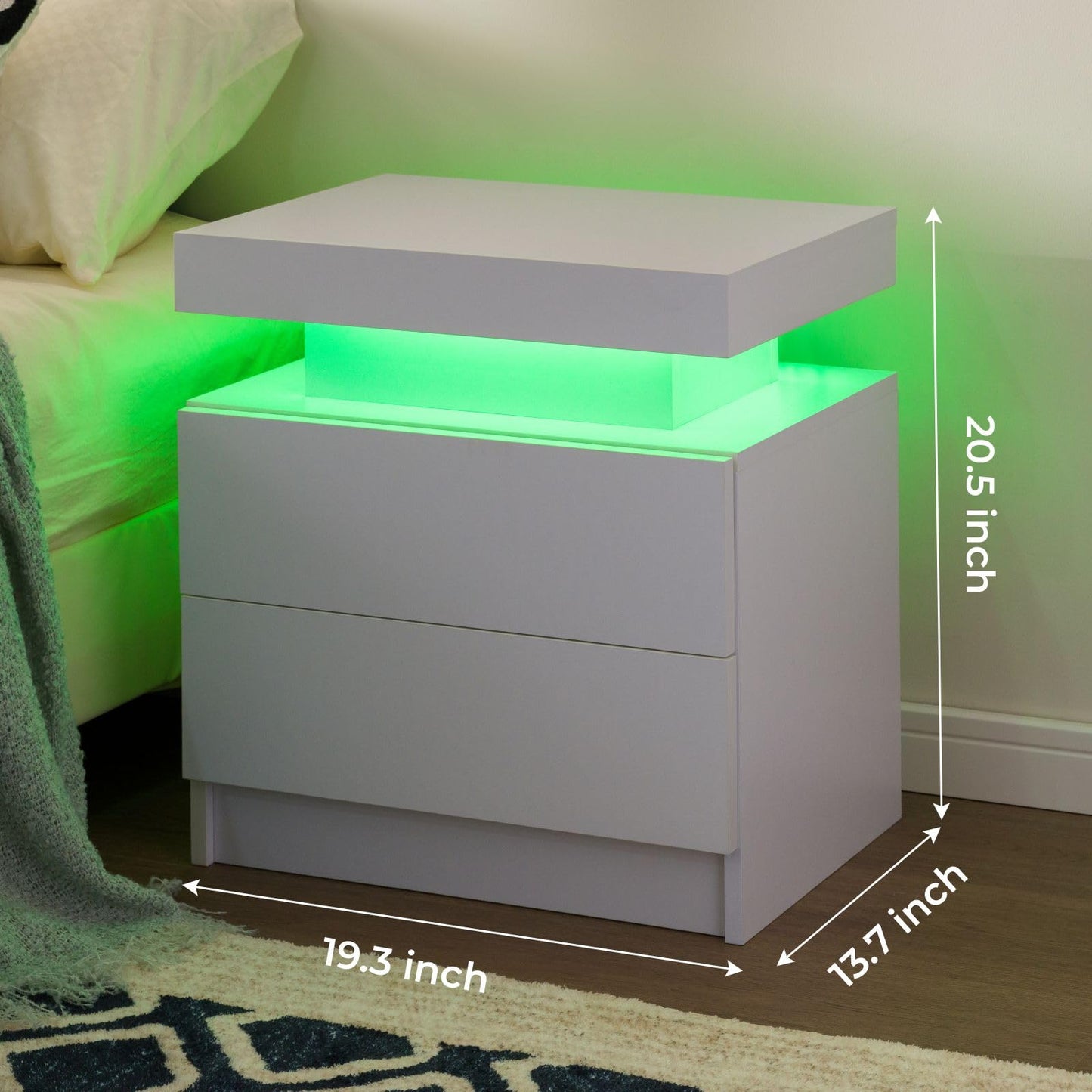 i-aplus Nightstand Set of 2 LED Nightstand with 2 Drawers,Night Stand Set 2 with LED Light,Bedside Table with Drawers for Bedroom,White