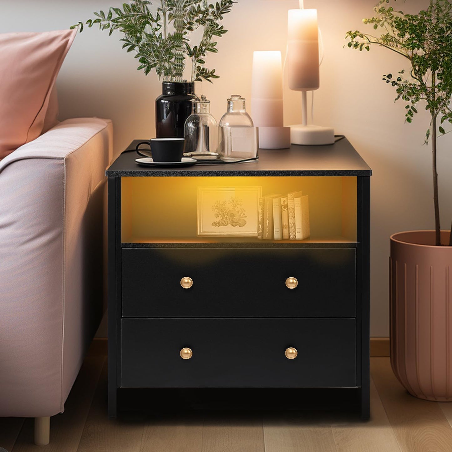 Tykacna 27 Inch Wide Night Stand, Large Wood Night Stand with 2 Drawer, LED Nightstand with Charging Station and Adjustable Drawer, Bedside Table for Living Room/Bedroom/Study/Office, Black.