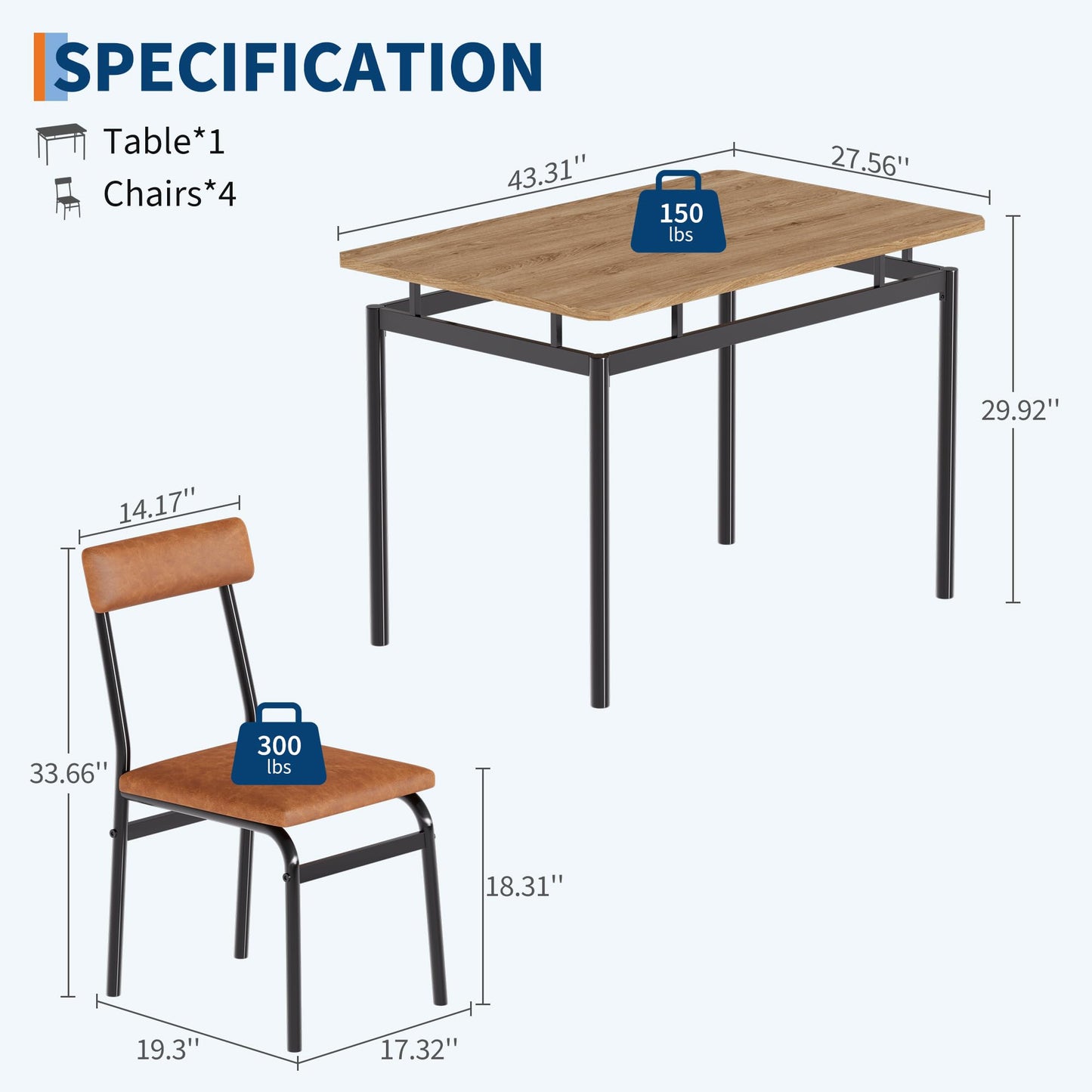 Garvee Dining Table Set for 4, 5 Piece Wooden Dining Room Table Set, 4 PU Upholstered Chair, Modern Metal Frame Dinette Set for Dining Room, Home Dinner, Party, Apartment, Brown
