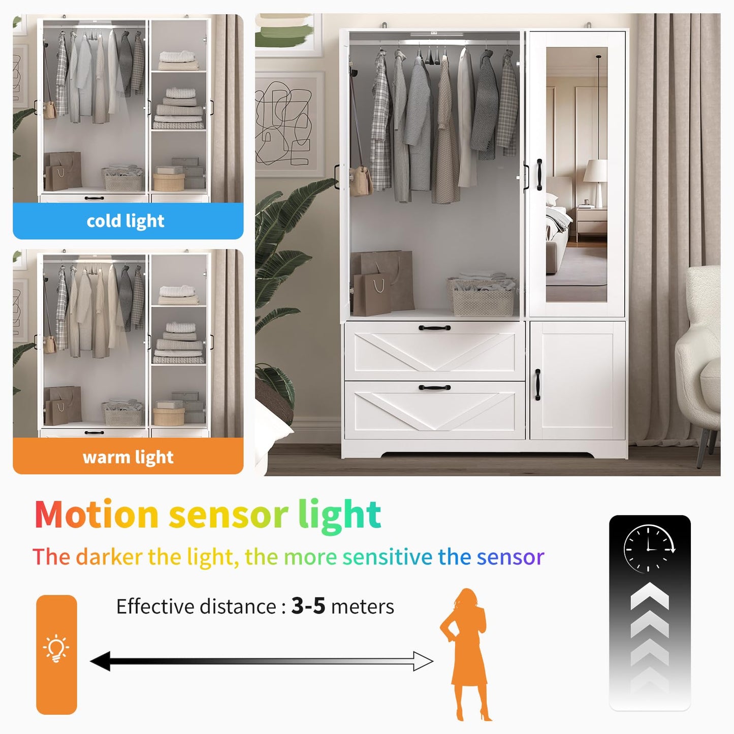 CORAZAZA Armoire Wardrobe Closet with Mirror Door,3 Doors Farmhouse Bedroom Armoire with Drawers and Adjustable Shelves,Wooden Armoire Wardrobe Closet with Hanging Rod for Bedroom(White)
