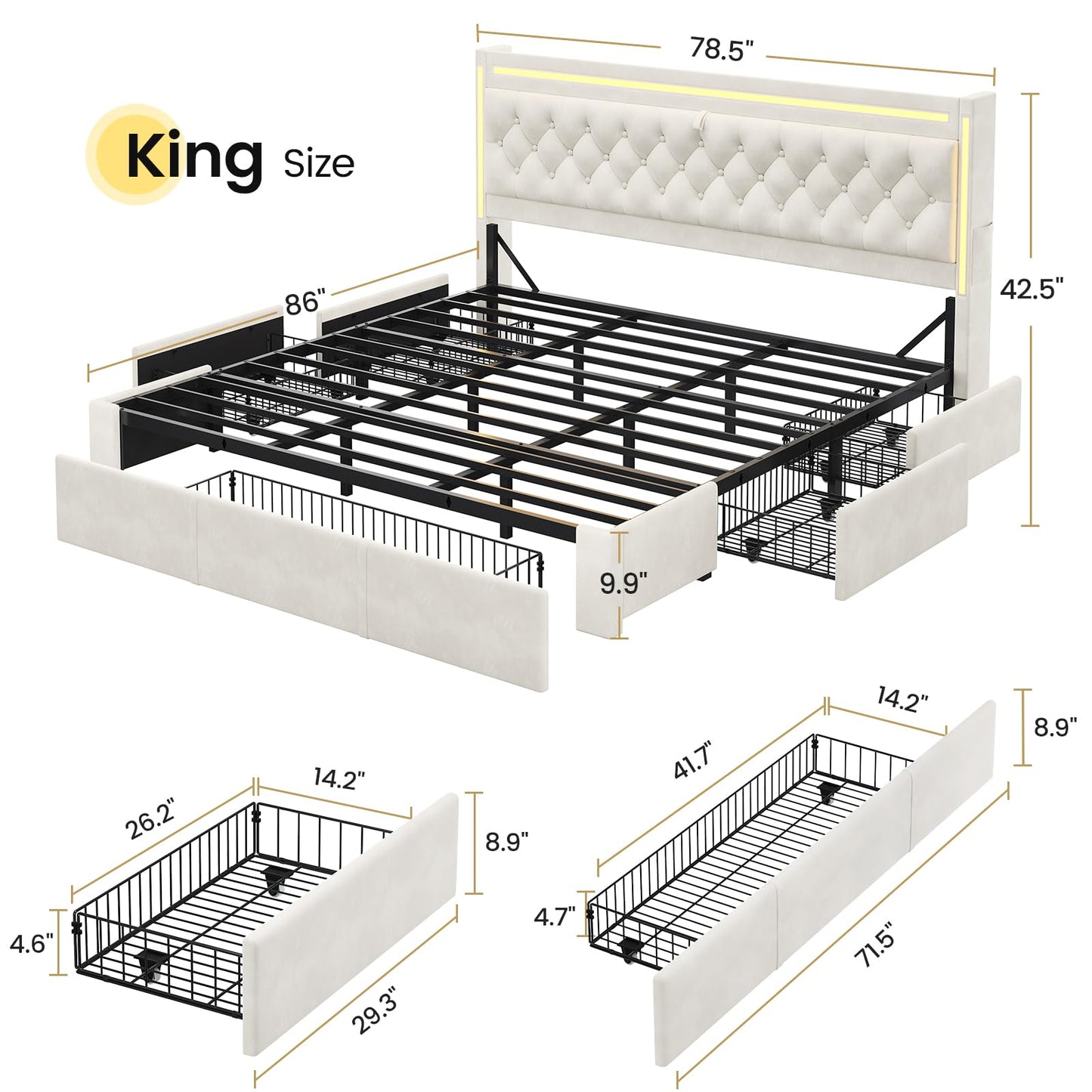 BTHFST King Upholstered LED Bed Frame with 5 Drawers, Velvet Hidden Storage Headboard with Charging Station, Button Tufted Headboard and Heavy Duty Metal Slats Support, No Box Spring Needed, Beige