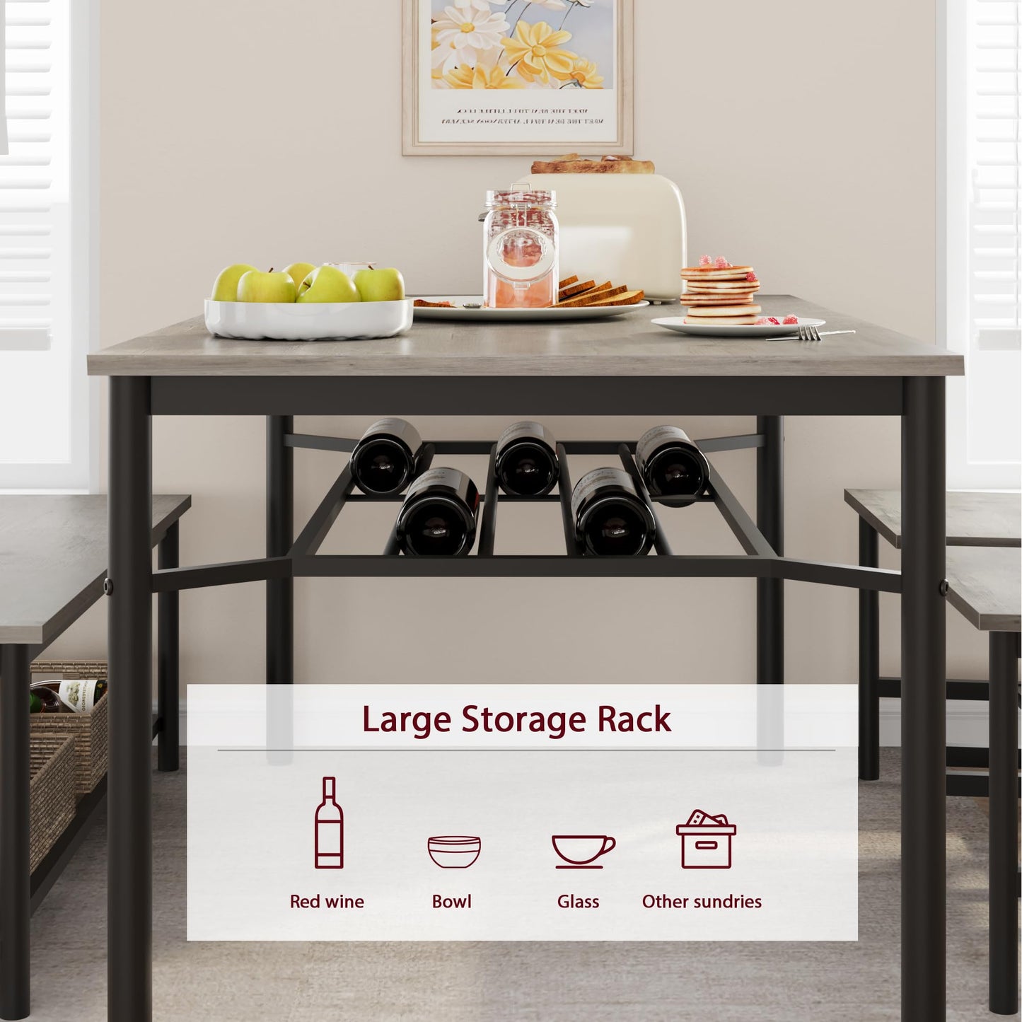 GAOMON Dining Table Set for 4 with Bench and 2 Chairs, Rectangular Kitchen Table Set with Wine Rack, Dining Room Table Set for 4 with Storage Benches for Small Space, Apartment, Rusric Grey