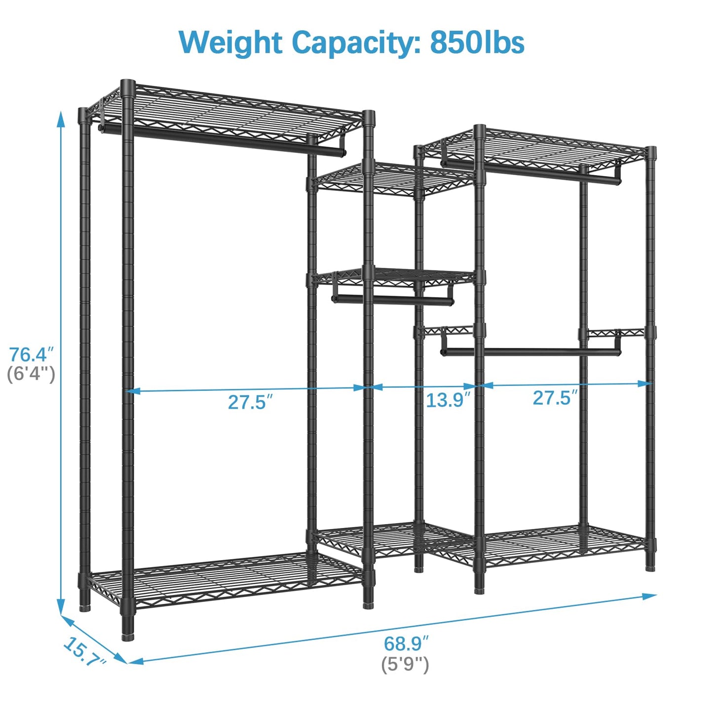 VIPEK Classic V6 Wire Garment Rack Heavy Duty Clothes Racks with Shelves, Freestanding Portable Wardrobe Closet Rack for Hanging Clothes Closet System 68.9" L x 15.7" W x 76.4" H, Load 850LBS, Black