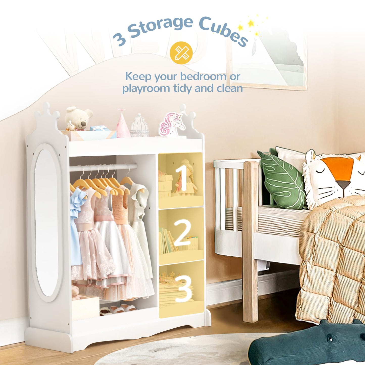 Curipeer Kids Dress up Storage with Mirror, Kids Wardrobe with 3 Hooks, Kids Closet for Girls Boys, Open Hanging Armoire Costume Organizer for Bedroom, Preschool, Classroom, White
