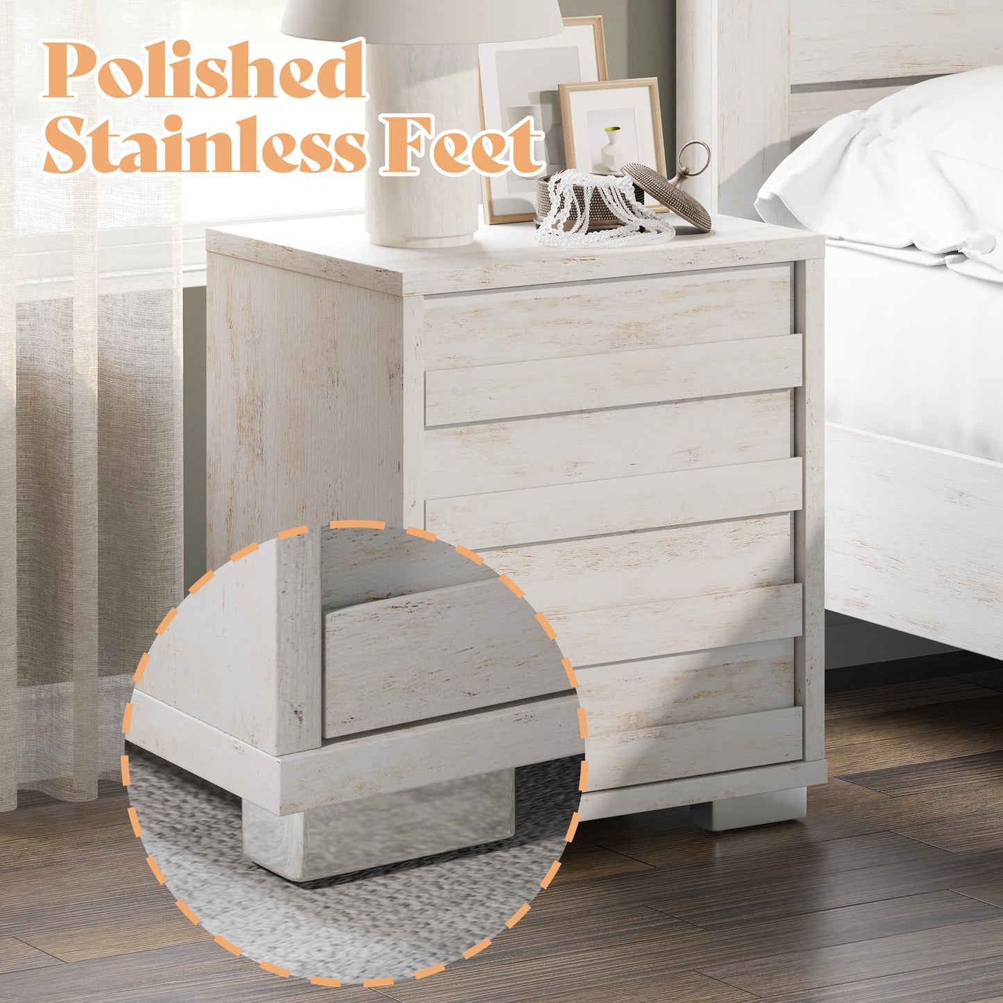 AMERLIFE Nightstand Set of 2 with Charging Station, Wood Bedside Table with 2 Drawers, Farmhouse End Table with Slated Handles & Stainless Steel Feet for Bedroom, Living Room, Distressed White