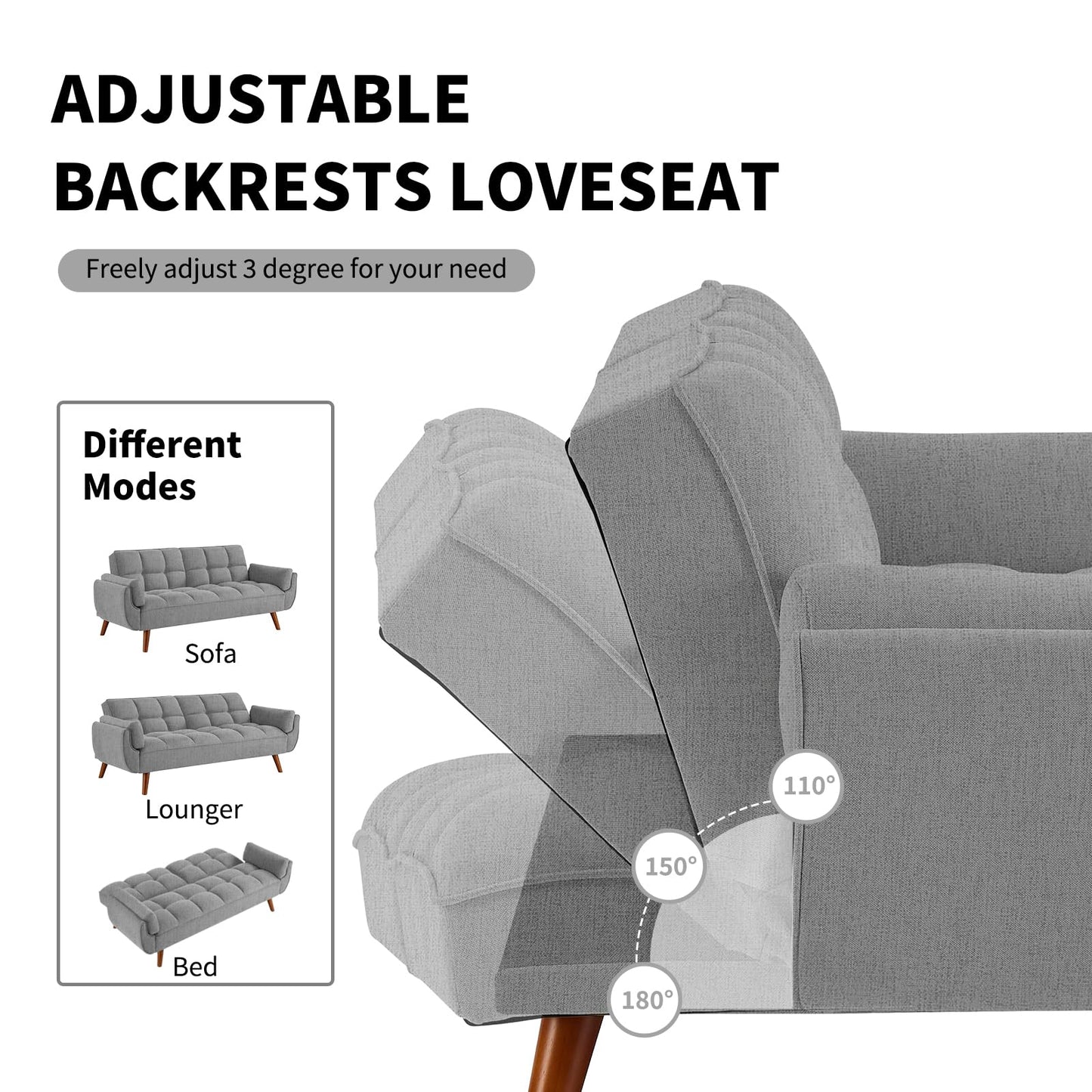Homies Life Convertible Futon Sofa Bed, Linen Sleeper Couch, 75" W Modern 3 Seater Tufted Sofa with Adjustable Backrests and Solid Wood Legs for Living Room, Bedroom, Small Space, Gray