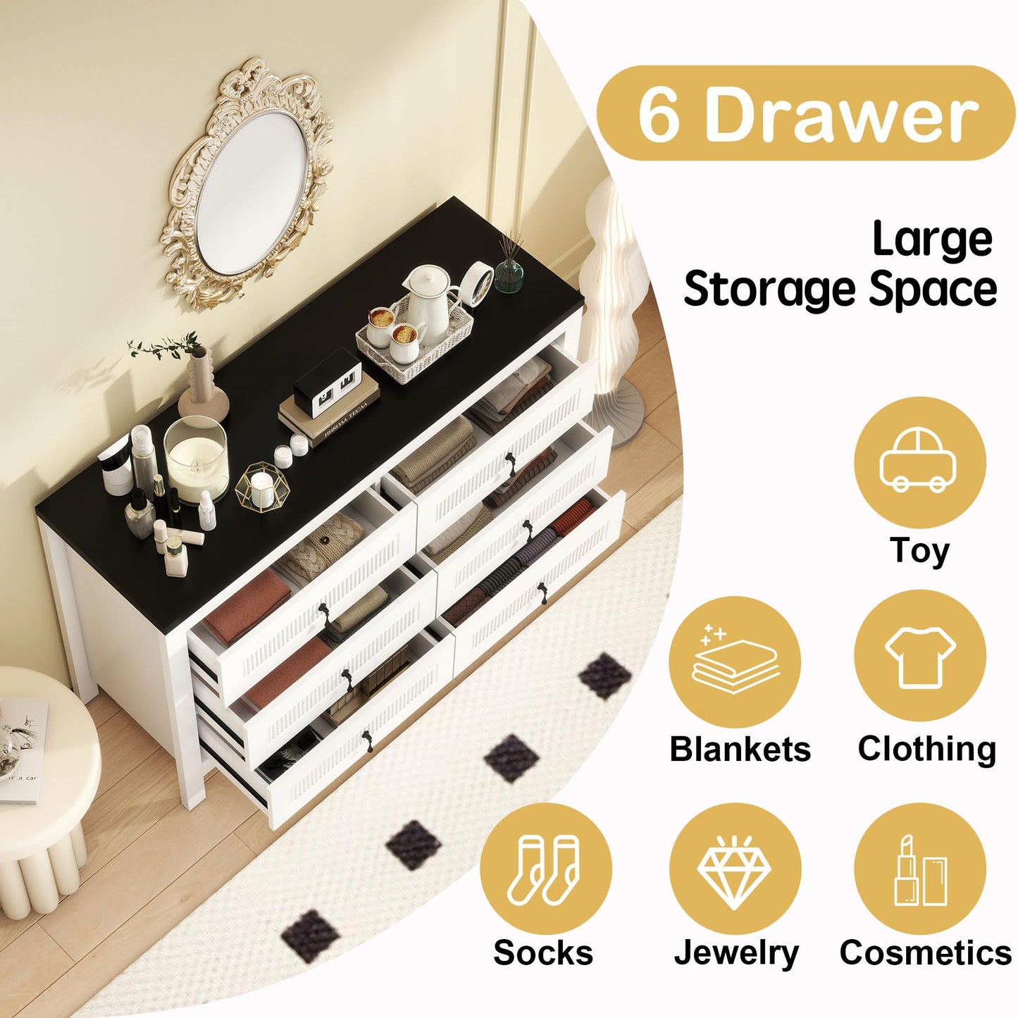 LABROSKIA White Dresser for Bedroom Deep Drawers: 47" Wood Bedroom Dressers with 6 Drawers, Modern Chest of Drawer with Handles, Adult Dresser for Fluted Drawer (White)