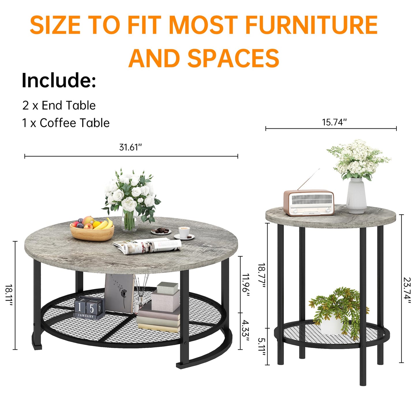 DKLGG Living Room Coffee and End Table Sets, Wooden Modern Rustic Center Table with Two Side Tables, 3 Piece Living Room Coffee Table Set with Storage for Living Room, Apartment (Grey)