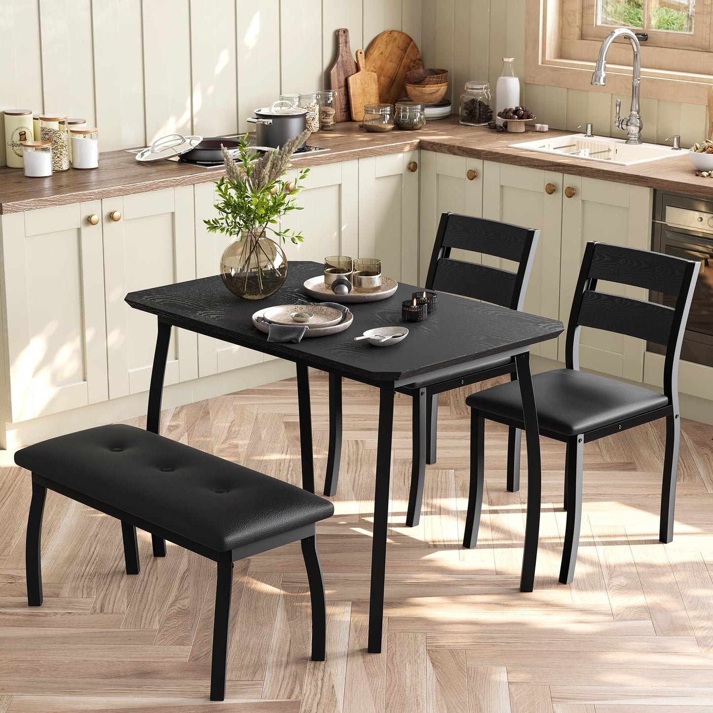 GarveeHome Dining Table Set for 4, Sturdy Wooden Kitchen Table with Chamfer Design and Metal Legs, Upholstered Bench & 2 Classic Dinner Chairs, Kitchen and Dining Set for Home Dinner, Party, Black