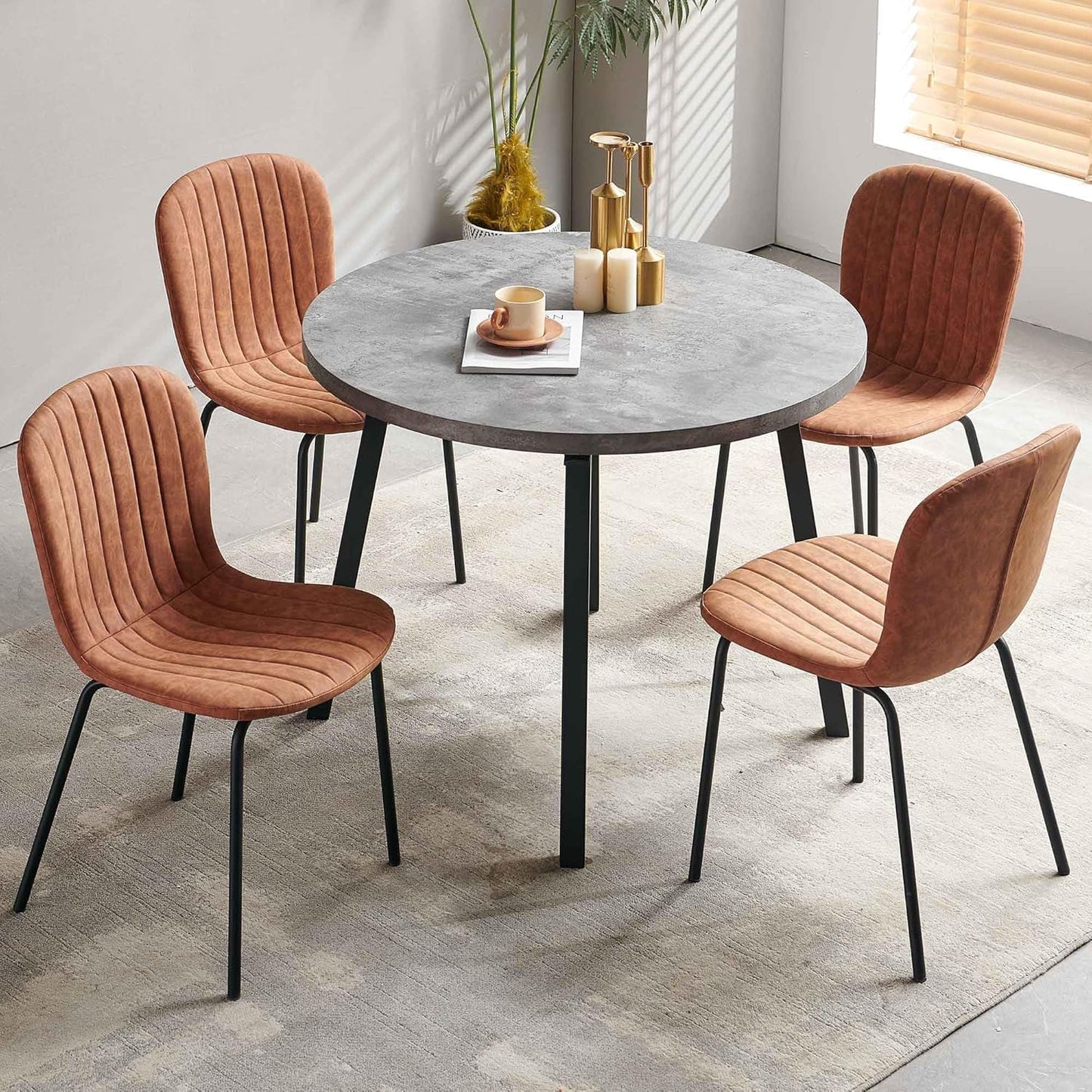 Pandolfini Round Dining Table Set for 4, Modern 37 Inch Dining Table and Chairs, Grey Engineered Wood Kitchen Table with PU Leather Dining Chairs for Dining Room, Living Room, Brown