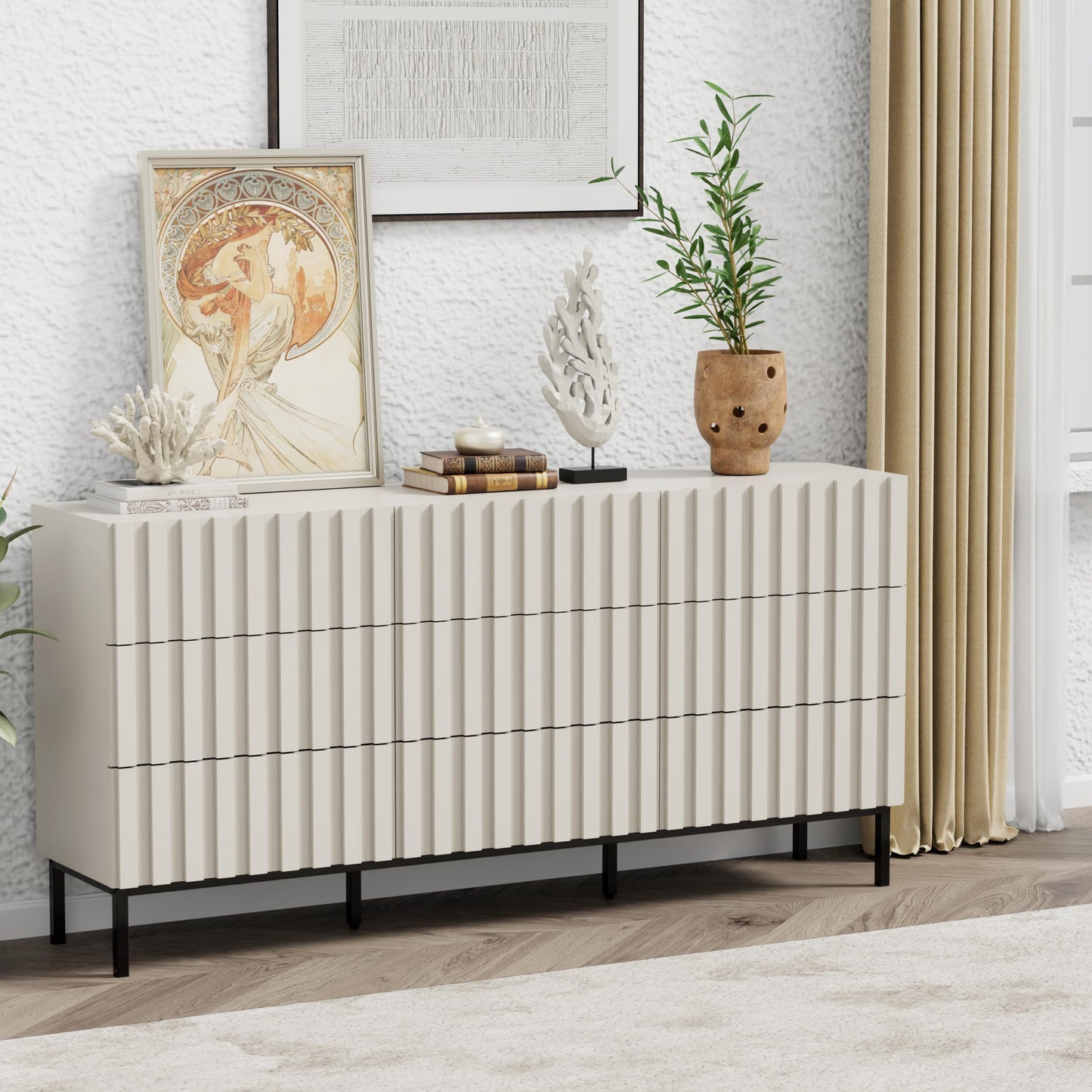 UEV 3 Piece Bedroom Dresser Set, Long 9 Drawer Dresser & 2 Drawer Nightstands with Open Shelf, Modern Wooden Chest of Drawers & Nightstand Sets for Bedroom, Living Room, Entryway, Beige