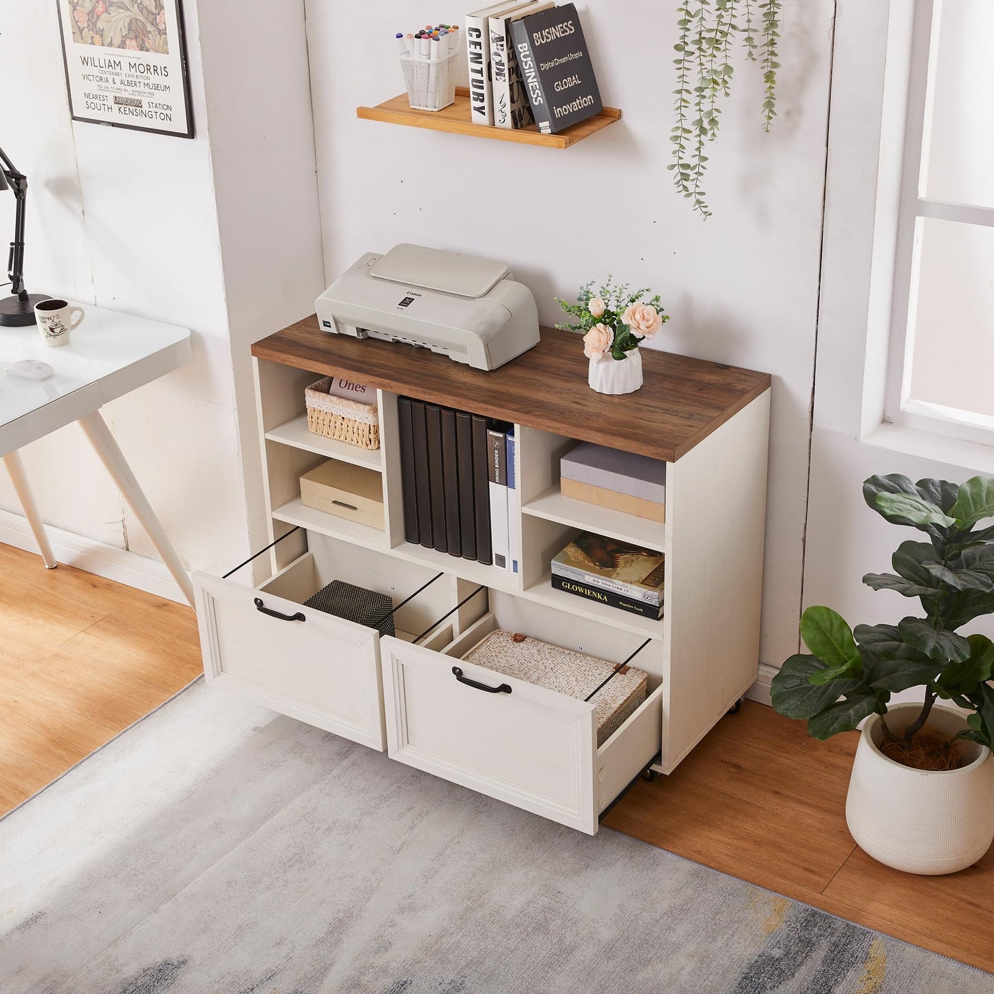 boknight 40" Lateral File Cabinet,Farmhouse Wood Small Home Office Storage with Wheels,Filing Cabinet with 2 Drawers for Legal/Letter/ A4 Size