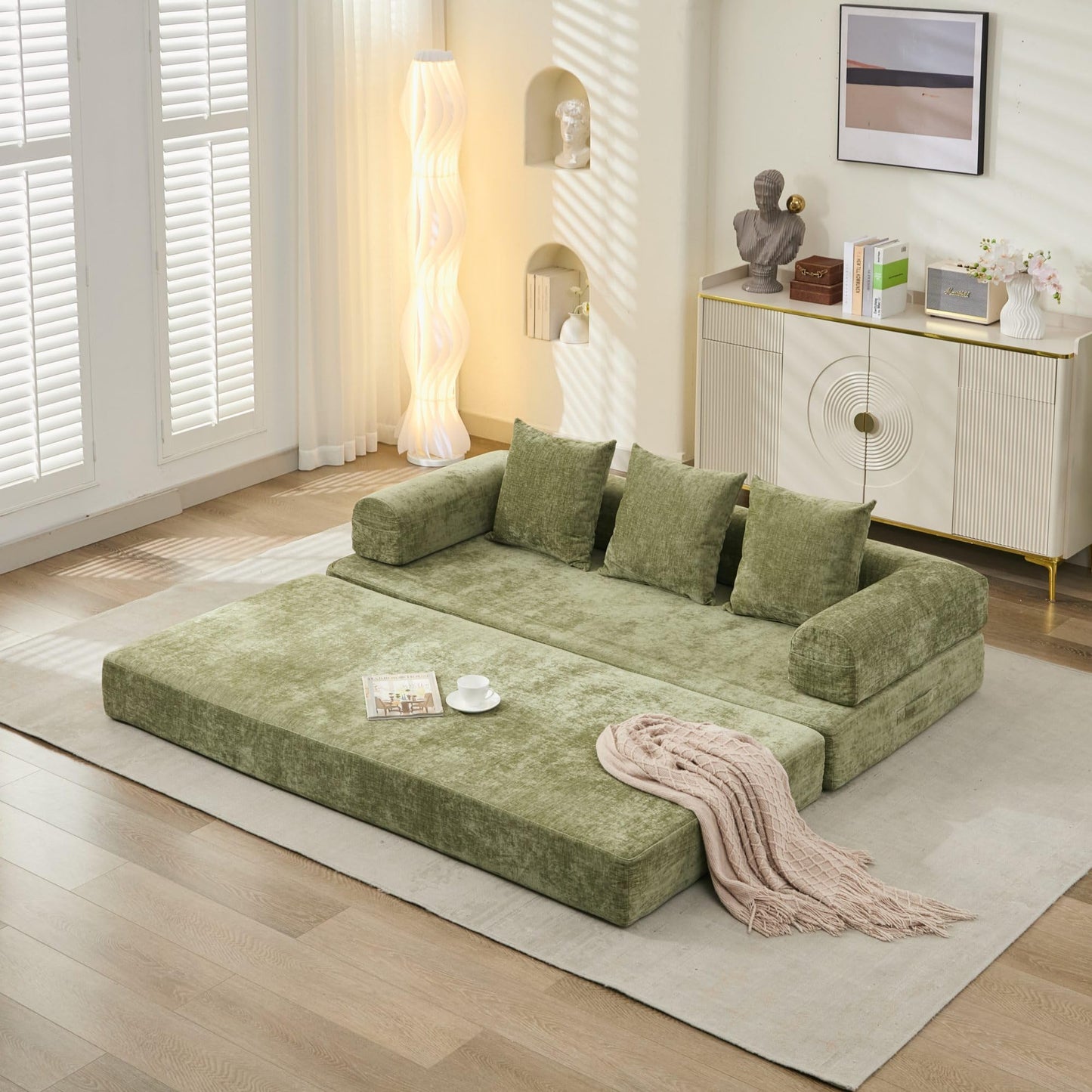 TISIMO Convertible Folding Sofa Bed Modular Floor Couch, 78.8‘’ Cloud Sleeper Sofa with Removable Backrest, Chenille Foldable Mattress Couch, Lazy Loveseat for Small Space, Apartment, Bedroom, Green