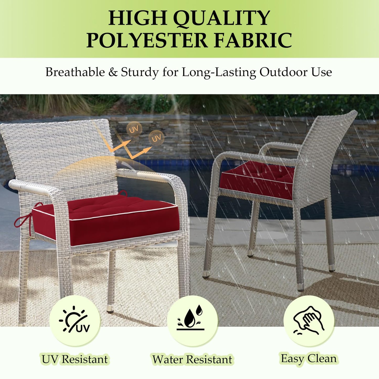 HARBOREST Outdoor Chair Cushions Set of 2, Tufted Patio Chair Cushions with Ties, Square Corner Outdoor Cushions for Patio Furniture, Lawn Chairs, Wicker Chairs, 17" x 17" x 5", Burgundy
