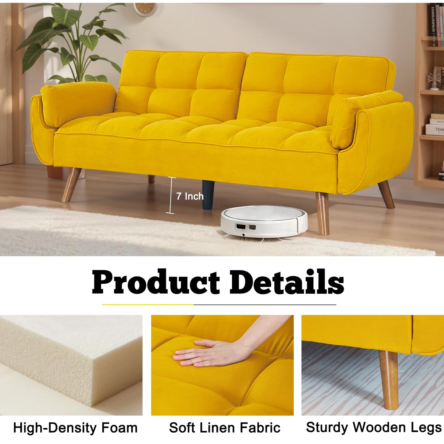 liuyouhom Convertible Futon Sofa Bed, Sleeper Couch Bed with Adjustable Backrests, Linen 3 Seater Small Couches for Small Spaces, Living Room, Bedroom(Yellow, 75")