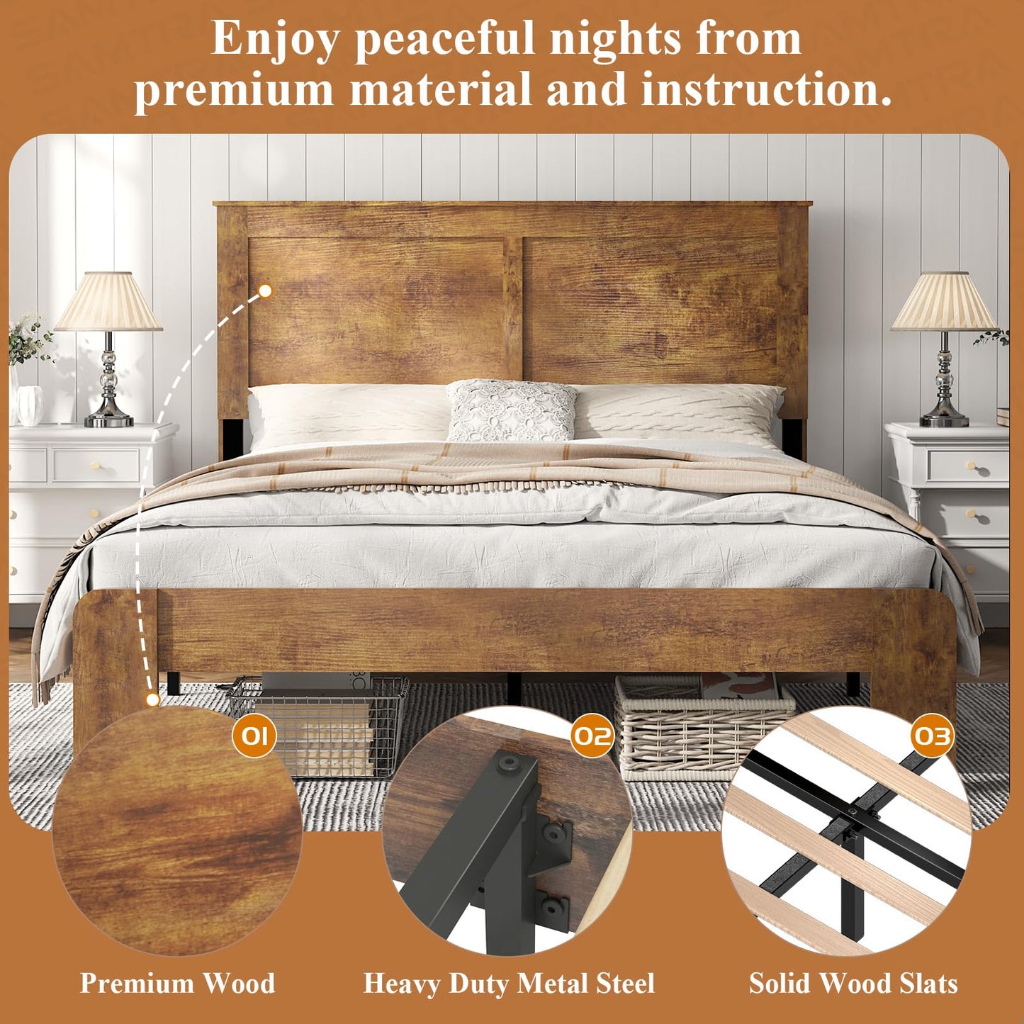 SAMTRA Wooden Bed Frame King Size with Headboard, Farmhouse Platform Bedframe with Wood Slat Support, Sturdy Framework Bed Frame, Easy Assembly (Rustic Brown)