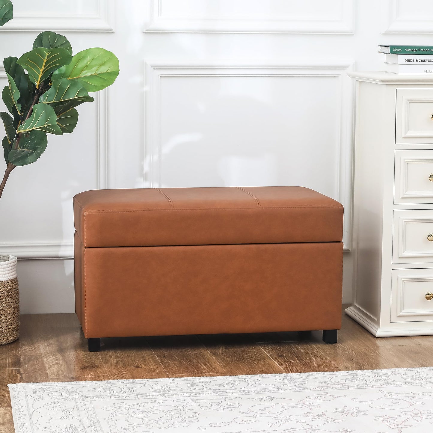 Joveco 32" Leather Storage Ottoman Bench, Rectangle Foot Rest Stool for Living Room, Bedroom, Entryway, Cognac Brown