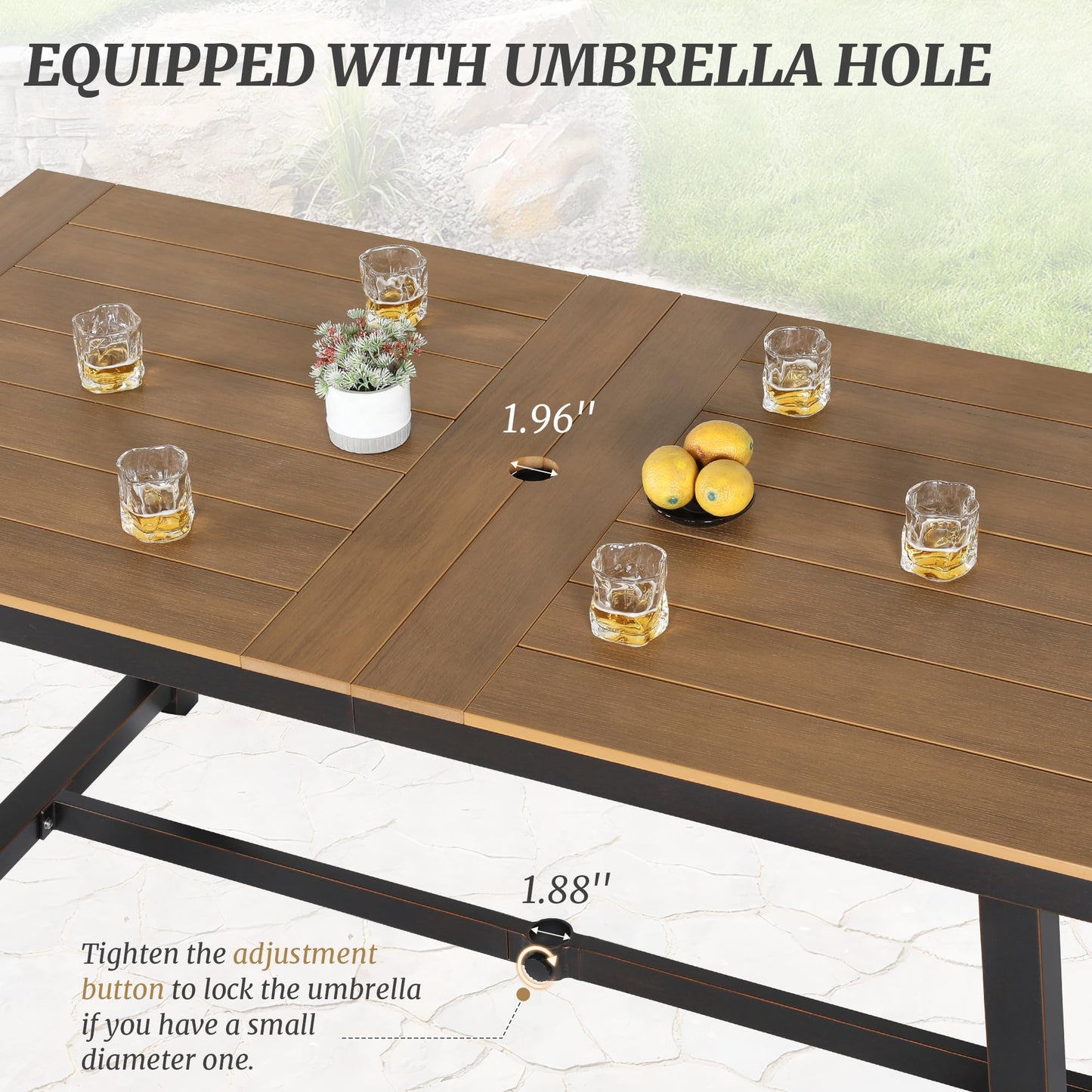 Cozyman Patio Table and Chairs Set, Patio Furniture Set, 7-Piece, HDPS All-Weather Material Outdoor Dining Set, Outdoor Furniture Set with Umbrella Hole, Brown-Oil Printed