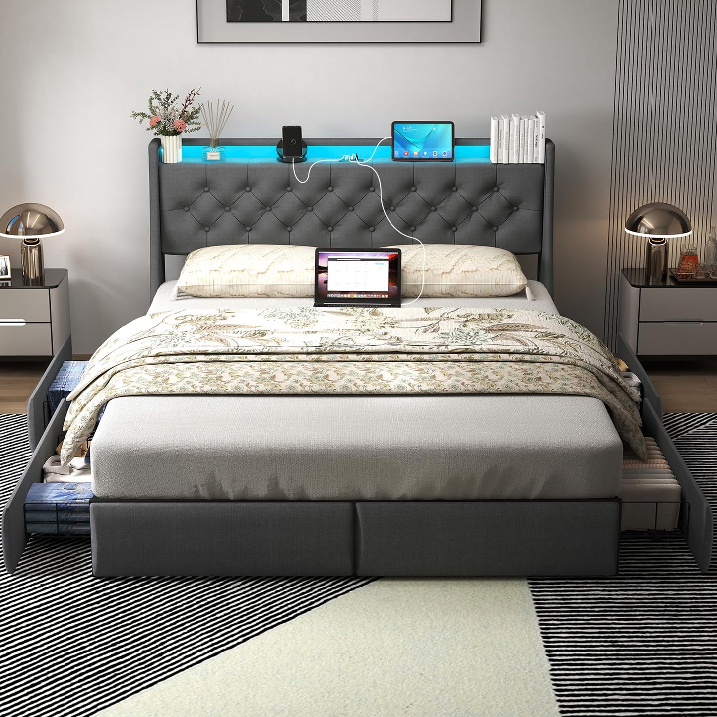 UINTAI Full Size Bed Frame with 4 Storage Drawers and LED Lights, Upholstered Platform Full Bed with Button Tufted Headboard and Charging Station, No Box Spring Needed, Easy Assembly, Gray
