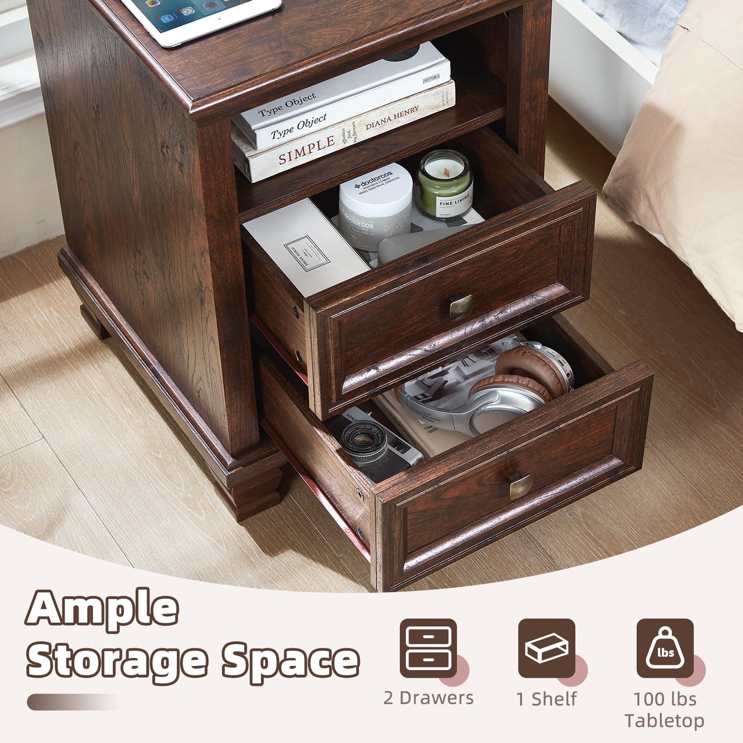 SAVOR LIFE Farmhouse Nightstand with Charging Station, Rustic Brown Nightstand,2 Drawers End Table for Living Room,Bedside Table with Open Shelf for Bed Room,Walnut