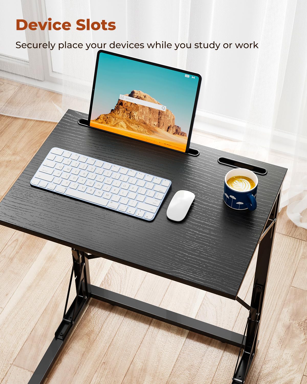 Evermagin 21''Wx28''H TV Tray Set of 2, Small Foldable C-Shaped End Table for Eating with Tablet and Phone Slots, Slide Under Couch Side Table for Recliner, Living Room, Bedroom, Black