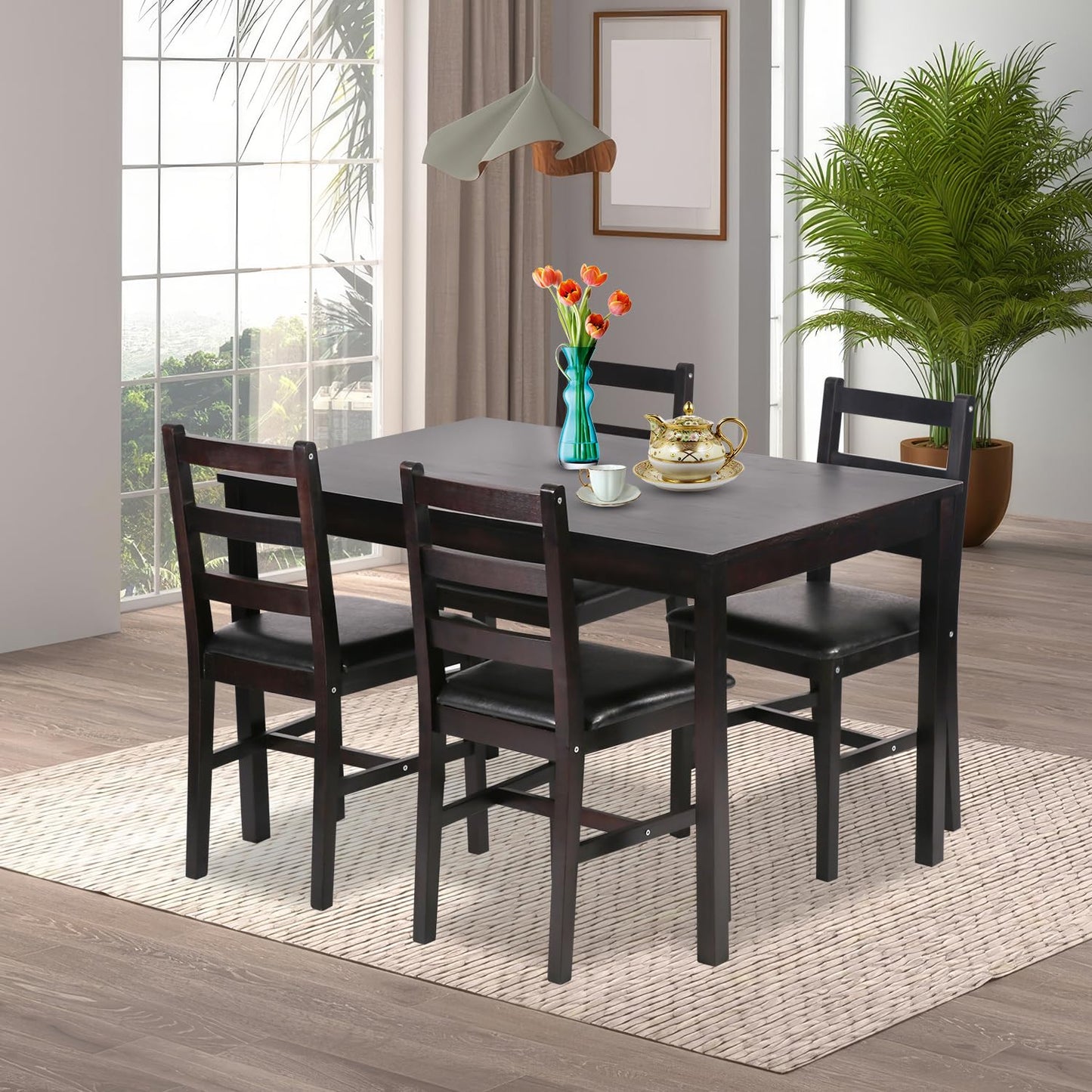 MGHH 5 Pieces Kitchen Dining Room Set Dining Kitchen Table and Chairs Mid Century Style Wood Dinette Table Set for Home Family Dining Area Dark Brown