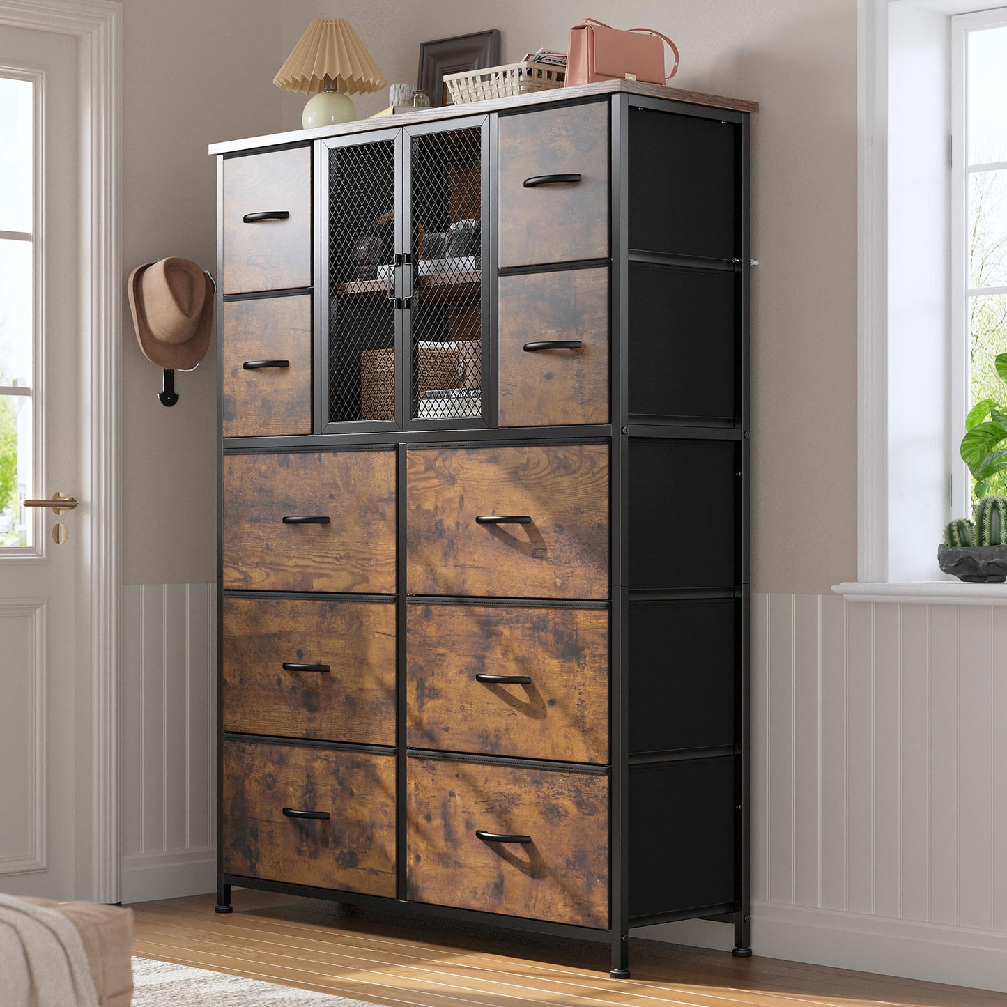 Dresser for Bedroom with Mesh Door Tall Dressers & Chests of Drawers with 10 Fabric Drawers Bedroom Dresser Organizer, Metal Frame, Wood Top, Closet, Entryway, Rustic Brown, 48.1" Hx38 Wx11.81 D
