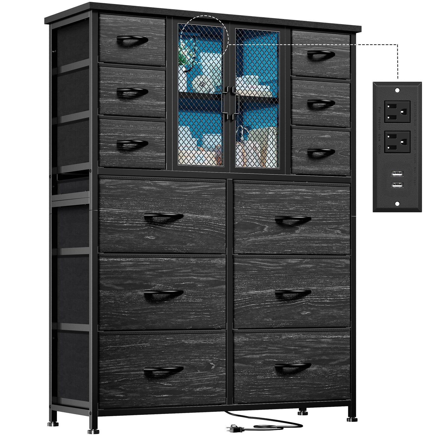 EnHomee Tall Dresser for Bedroom with Charging Station & LED & Mesh Door, 12 Fabric Drawer Dressers & Chests of Drawers, Wooden Top, Metal Frame, Black, 11.8" D x 37.8" W x 50.6" H