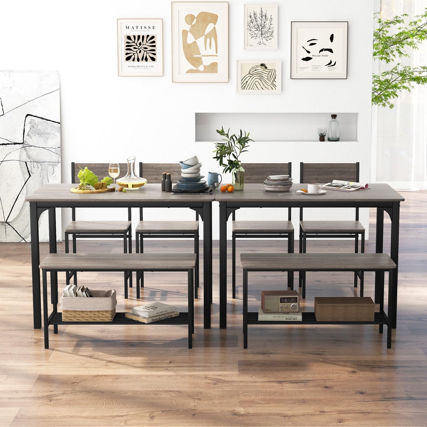 ReunionG Dining Table Set for 4, Modern Dinette with 1 Bench & 2 Chairs, Storage Shelf, 4-Piece Kitchen Table for Small Space, Apartment, Dining Room, Restaurant (Grey)