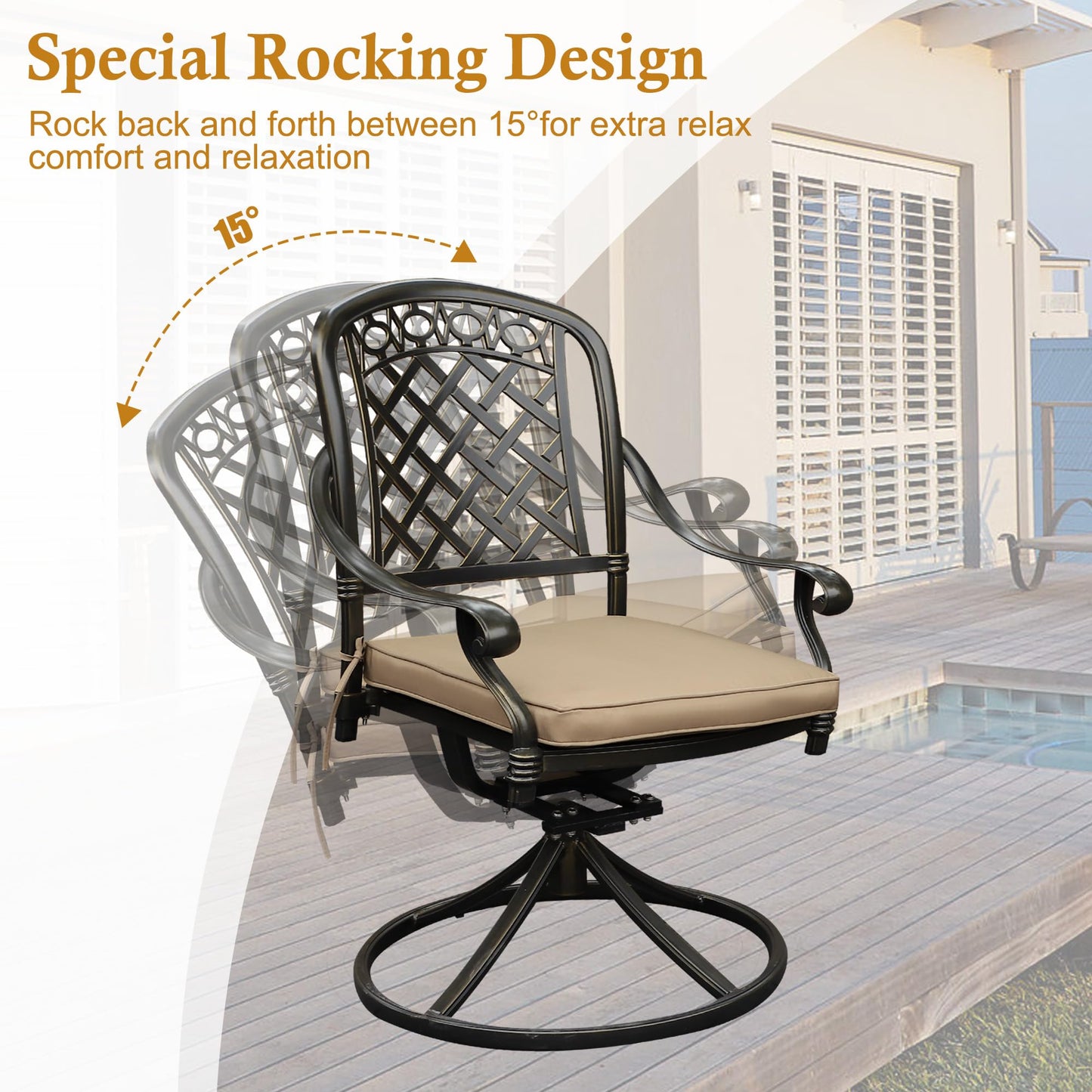 Sumshadow 2 Piece Cast Aluminum Outdoor Swivel Dining Chairs, All-Weather Patio Swivel Rocker Chair Sets with Cushion for Garden, Backyard, Poolside, Bistro (Khaki, 2 Pieces)
