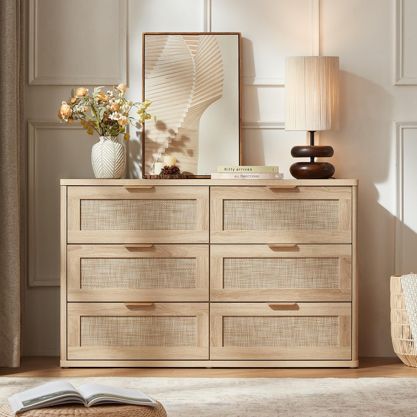 LEYAOYAO Rattan 6 Drawer Dresser for Bedroom, Boho 48" Wide Natural Wood Dresser Chest of Drawers, Dressers TV Stand with Metal Handle, Storage Dressers Closet Organizer for Living Room, Hallway