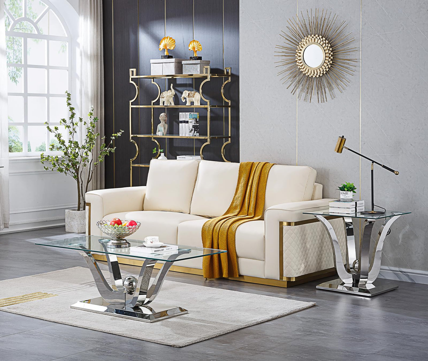 Modern Silver Glass Coffee Table, 47" Rectangle Coffee Table with Tempered Glass Top&Stainless Steel Flower-Shape Base, Luxury Glass Living Room Center Table Accent Cocktail Table for Home Office