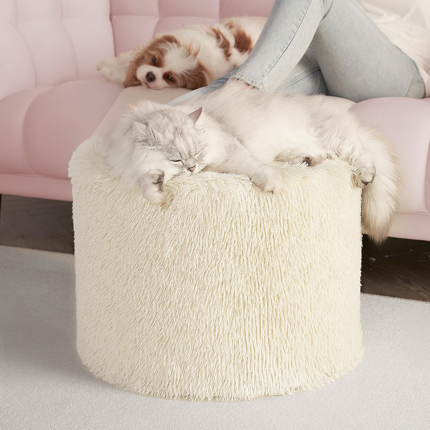 Hansleep Round Pouf Ottoman Foot Rest, 17 x 14 Small Faux Fur Stuffed Pouf for Chair, Foam Filled Foot Stools Ottomans for Living Room, Beige