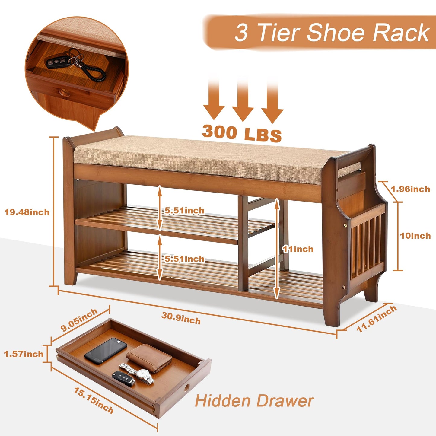 DOUSY Shoe Storage Bench for Entryway, Bamboo Entryway Bench with Hidden Drawer and Side Brackets,2-Tier Shoe Rack Organizer for Entryway, Hallway,Bedroom and Bathroom