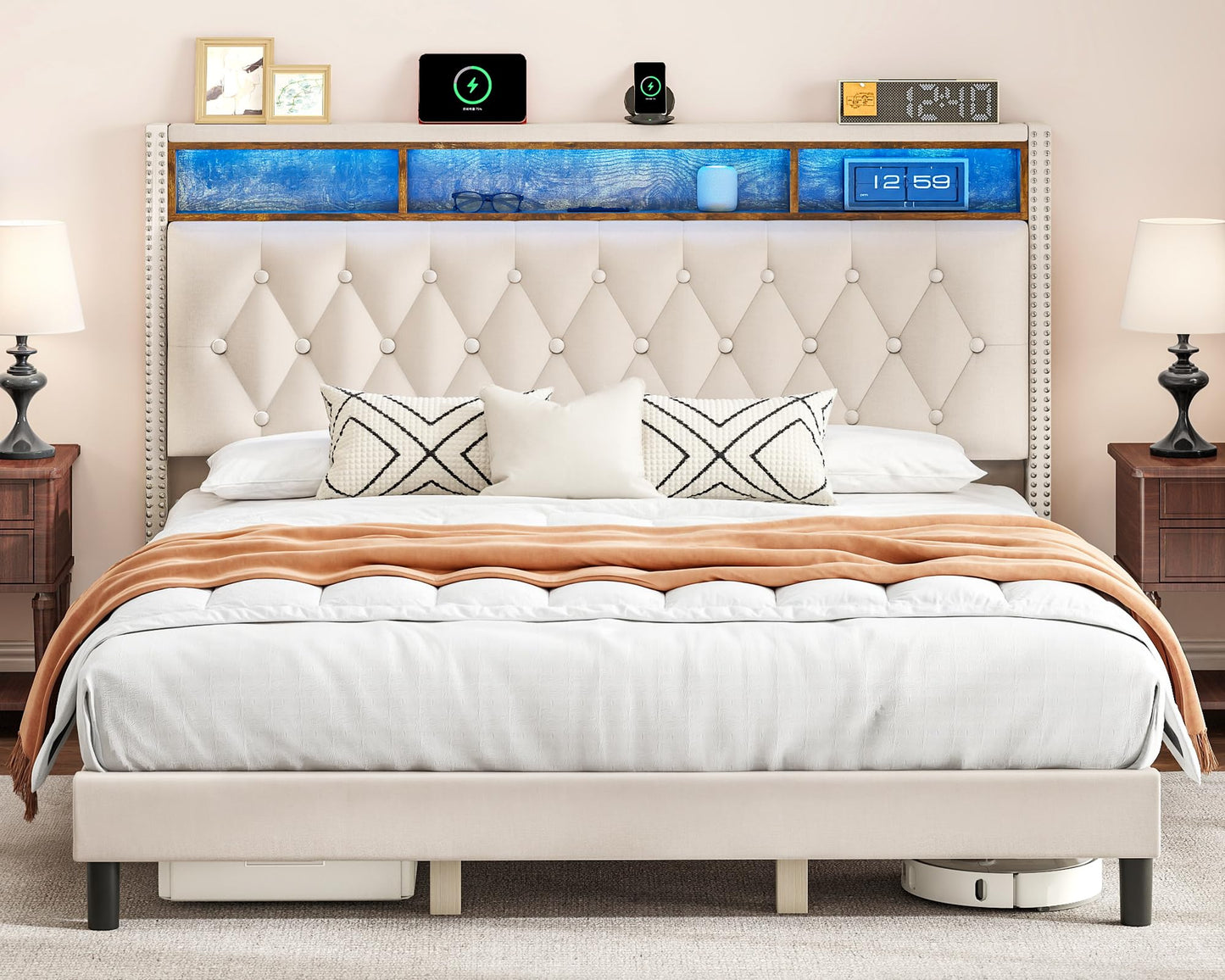 DWVO King Bed Frame with Upholstered Headboard, Platform Bed Frame with LED Lights & Charging Station, No Box Spring Needed, Beige