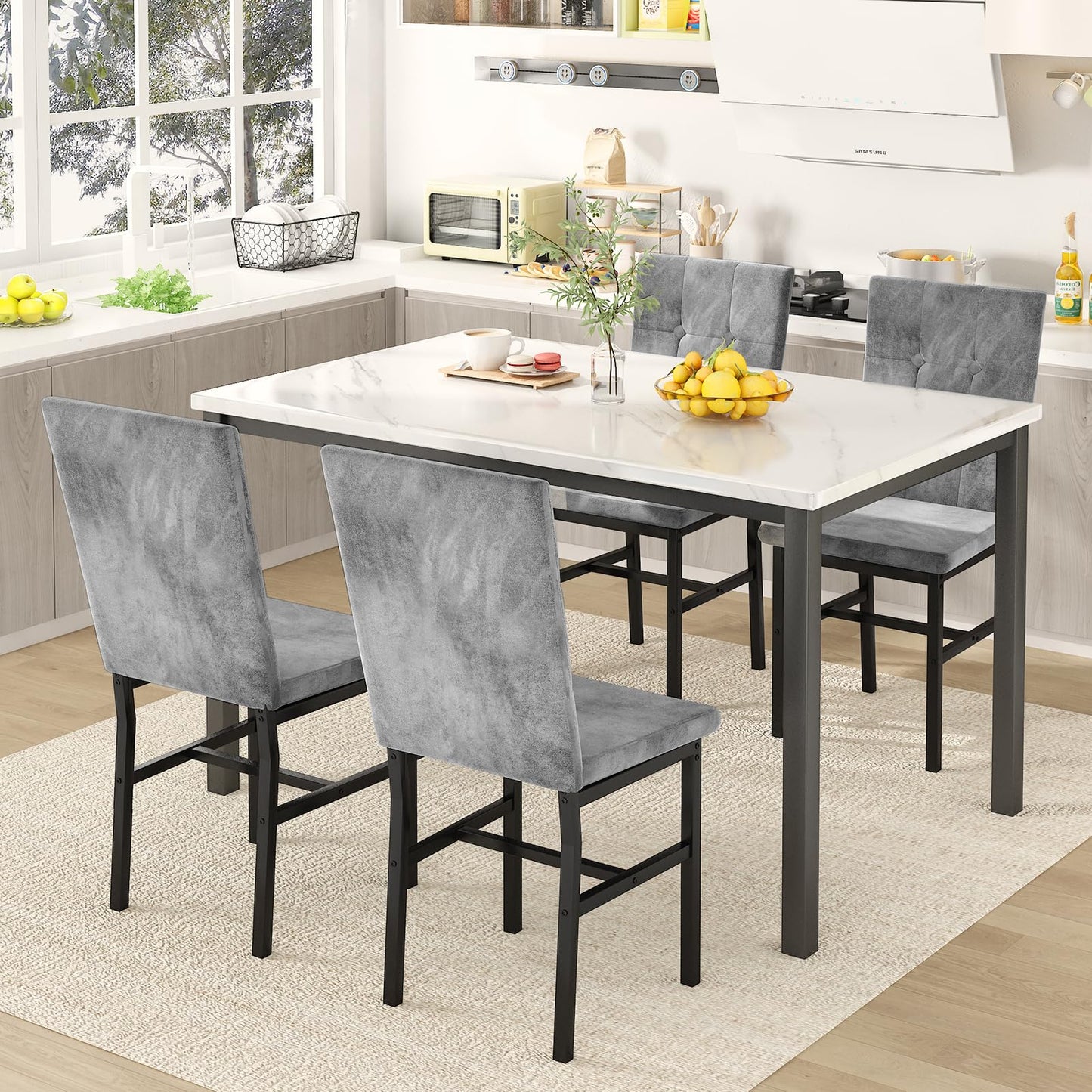 LinkRomat 5 Piece Dining Table Set for 4 Faux Marble Kitchen Table and Chairs Kitchen & Dining Room Sets for Small Space (White & Grey)