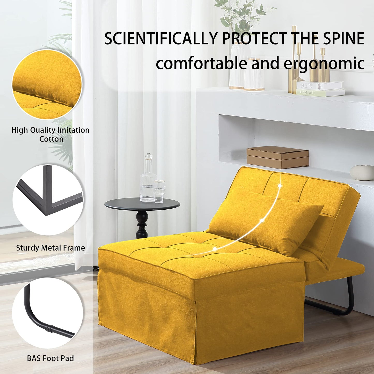 BIGSYY Sofa Bed, 4 in 1 Multi-Function Folding Ottoman Breathable Linen Couch Bed with Adjustable Backrest Modern Convertible Chair for Living Room Apartment Office, Yellow