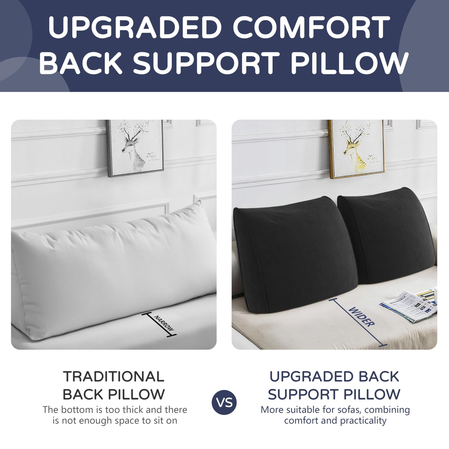 Daneey Back Pillow for Sitting in Bed, Back Support Pillow for Couch, Back Pillow for Couch Replacement, Removable Velvet Cover, Black