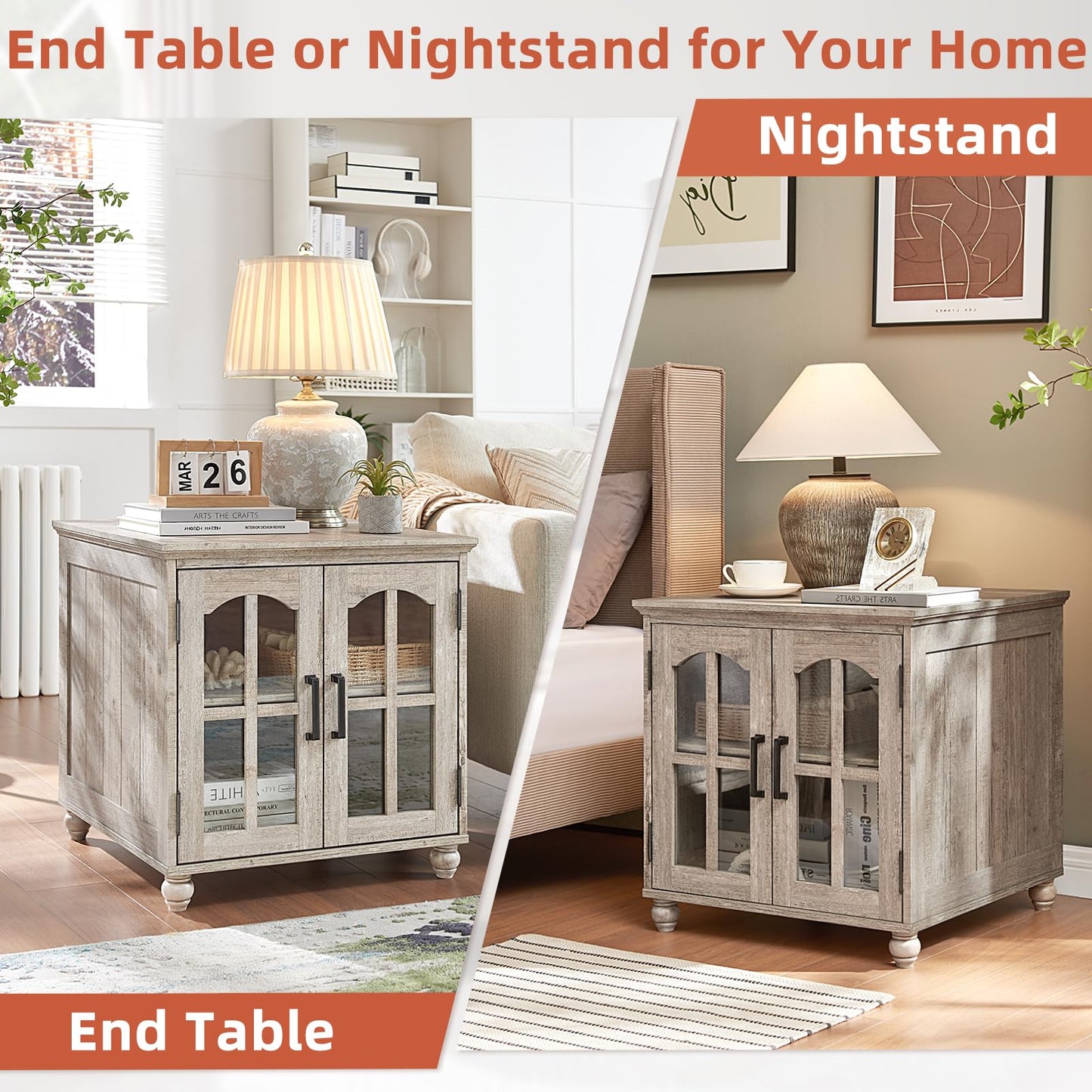 RWYHG Farmhouse End Table with Charging Station,24" Large Sofa Side Table with Glass Barn Door,Rustic Wood Night Stand with Adjustable Storage Shelf,Square Bedside Table for Living Room,Bedroom Office