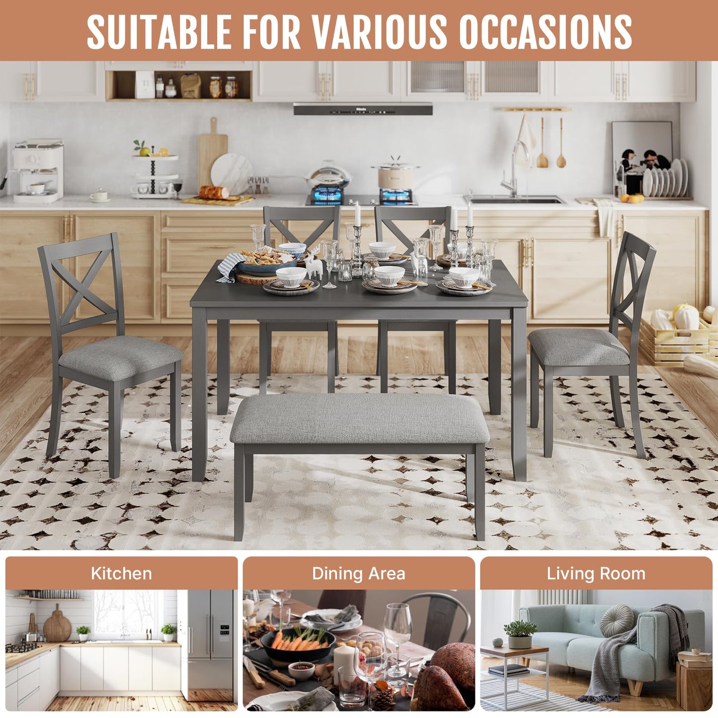 Zevemomo 6-Piece Wooden Dining Table Set, Dining Table Set for 6, Including 1 Dining Table, 4 Upholstered Chairs and 1 Bench, Wooden Legs Dining Table, Table Set for Dining Room, Grey