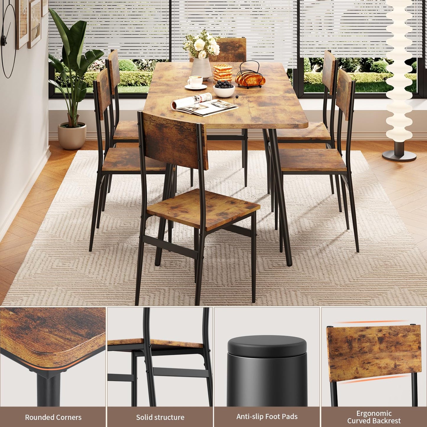 Qsun 63” Extendable Dining Table Set for 4-6 People, 7-Piece Dining Table Set for 6 People with 6 Chairs, MDF Wood Board Kitchen Table Set for Small Space and Apartment, Rustic Brown