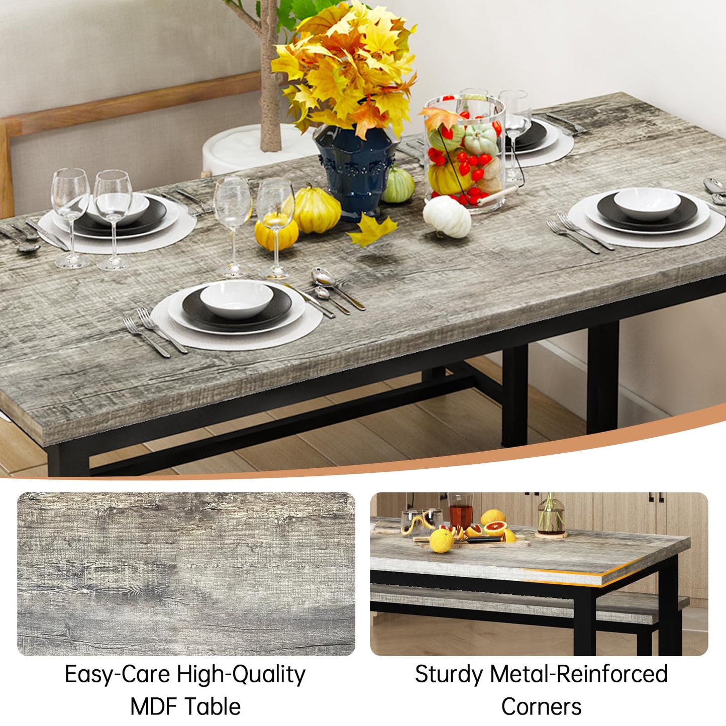 Recaceik Dining Room Table Set for 4, Modern Kitchen Table Set for 4 with 2 Bench for Small Kitchen and Dining Room Furniture (Grey & Black)