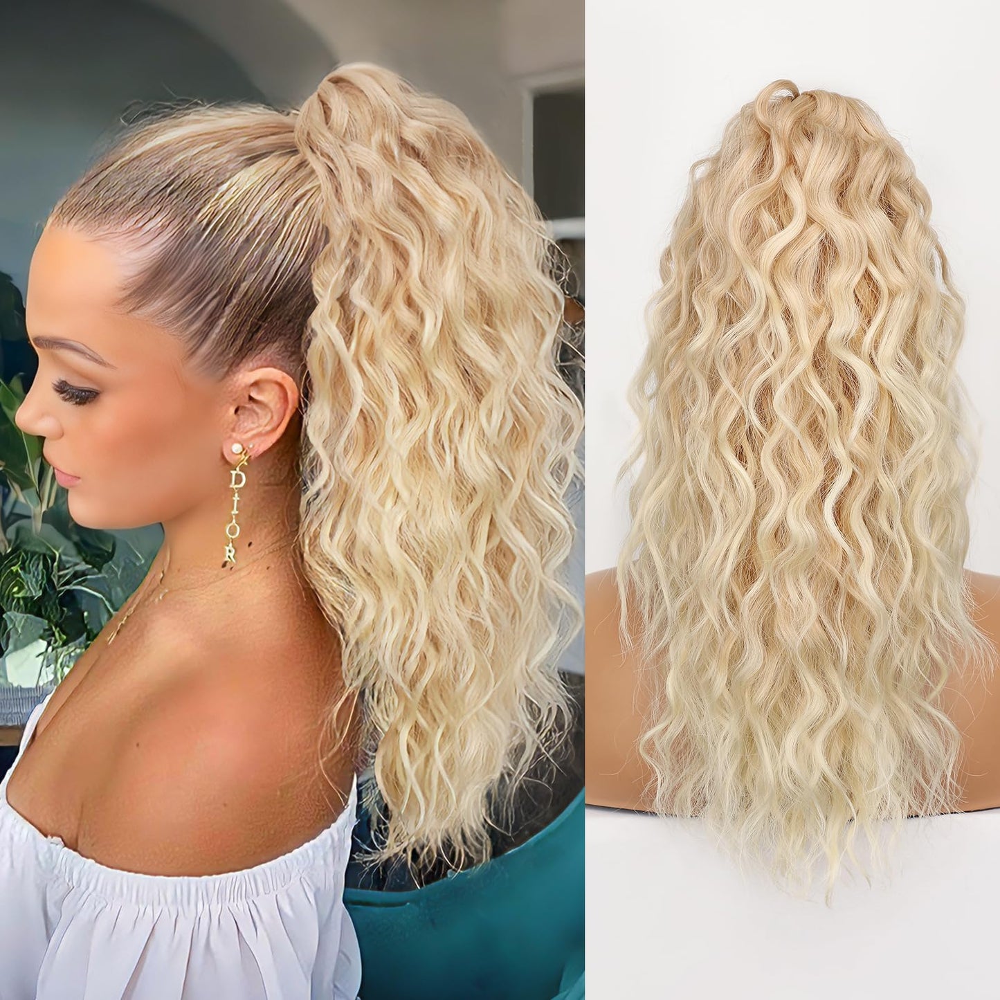 ORSUNCER 18" Ponytail Extension Claw Clip in Hair Extensions Curly Pony Tail Fluffy Natural Looking Synthetic Hairpiece for Women Omber Blonde
