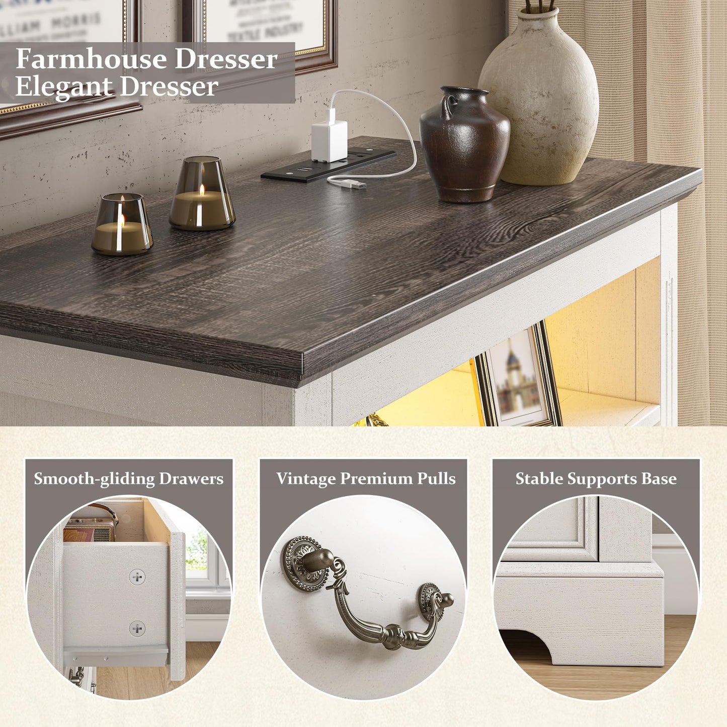 EnHomee Farmhouse 6 Drawer Dresser for Bedroom LED Light & Power Outlets, 48" H Wood Dressers & Chests of Drawers with Natural Texture, Hallway, Antique White