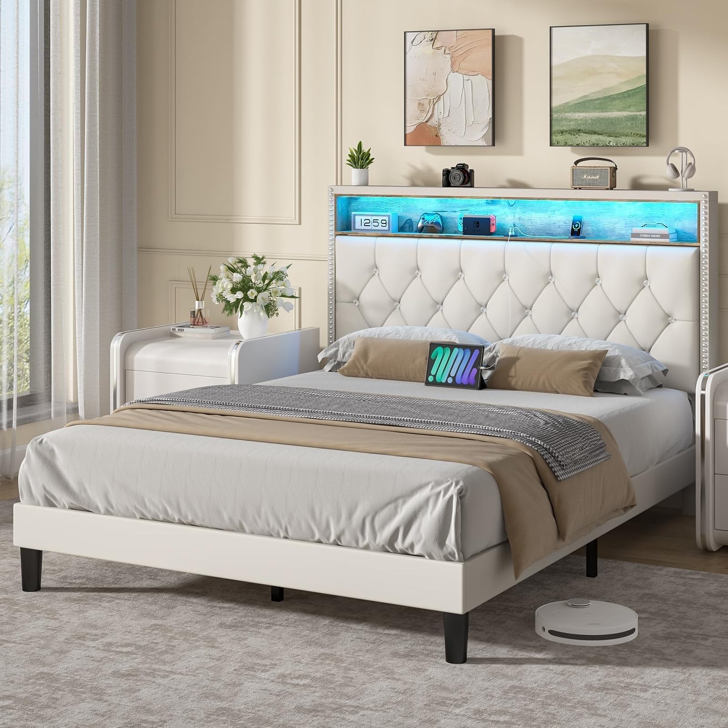 Queen Bed Frame with LED Lights, Velvet Upholstered Platform Bed with Storage Headboard and Charging Station, Queen Bed Frame with Diamond Design, Wood Slats Support, No Box Spring Needed, Beige