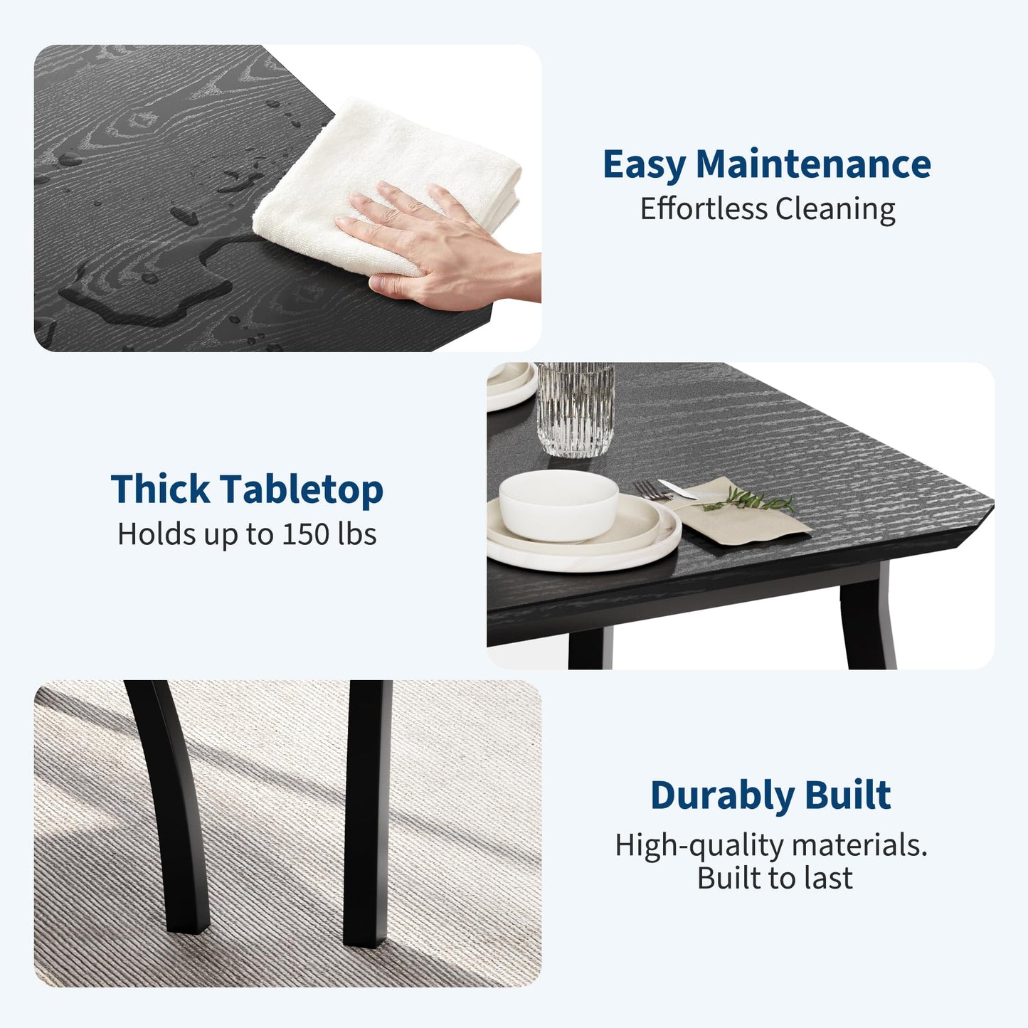 GarveeHome Dining Table Set for 4, Sturdy Wooden Kitchen Table with Chamfer Design and Metal Legs, Upholstered Bench & 2 Classic Dinner Chairs, Kitchen and Dining Set for Home Dinner, Party, Black