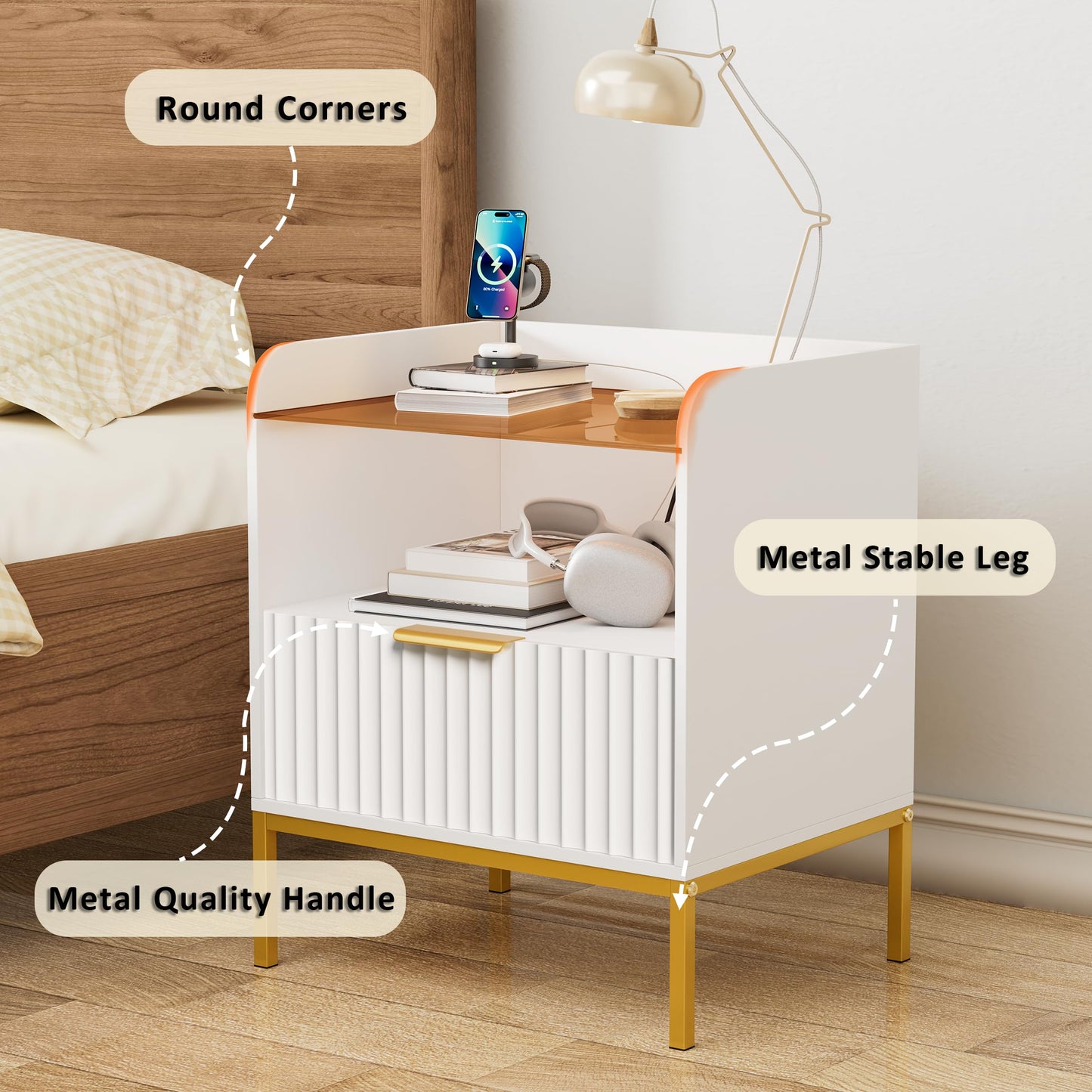 HQZX Fluted Nightstand with Charging Station and Glass Top, Modern Bedside Table with Metal Legs, Wood End Table for Bedroom, Living Room (White)